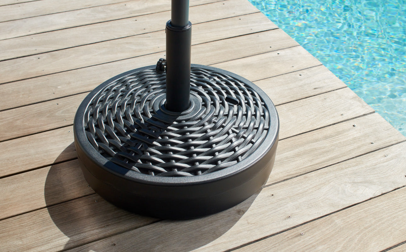 high end patio umbrella base Offset with Wheels profile base that tucks neatly under the table Black Concrete Outdoor Patio Wheeled