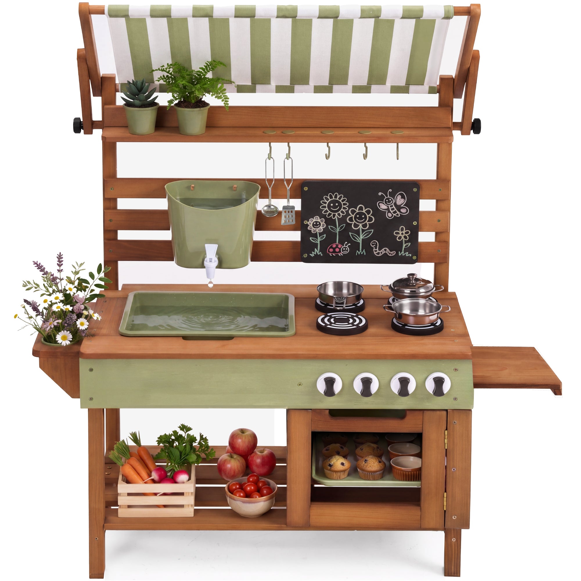 Deluxe Wooden Outdoor Mud Kitchen w/ Canopy, Sink, Faucet & 14pc