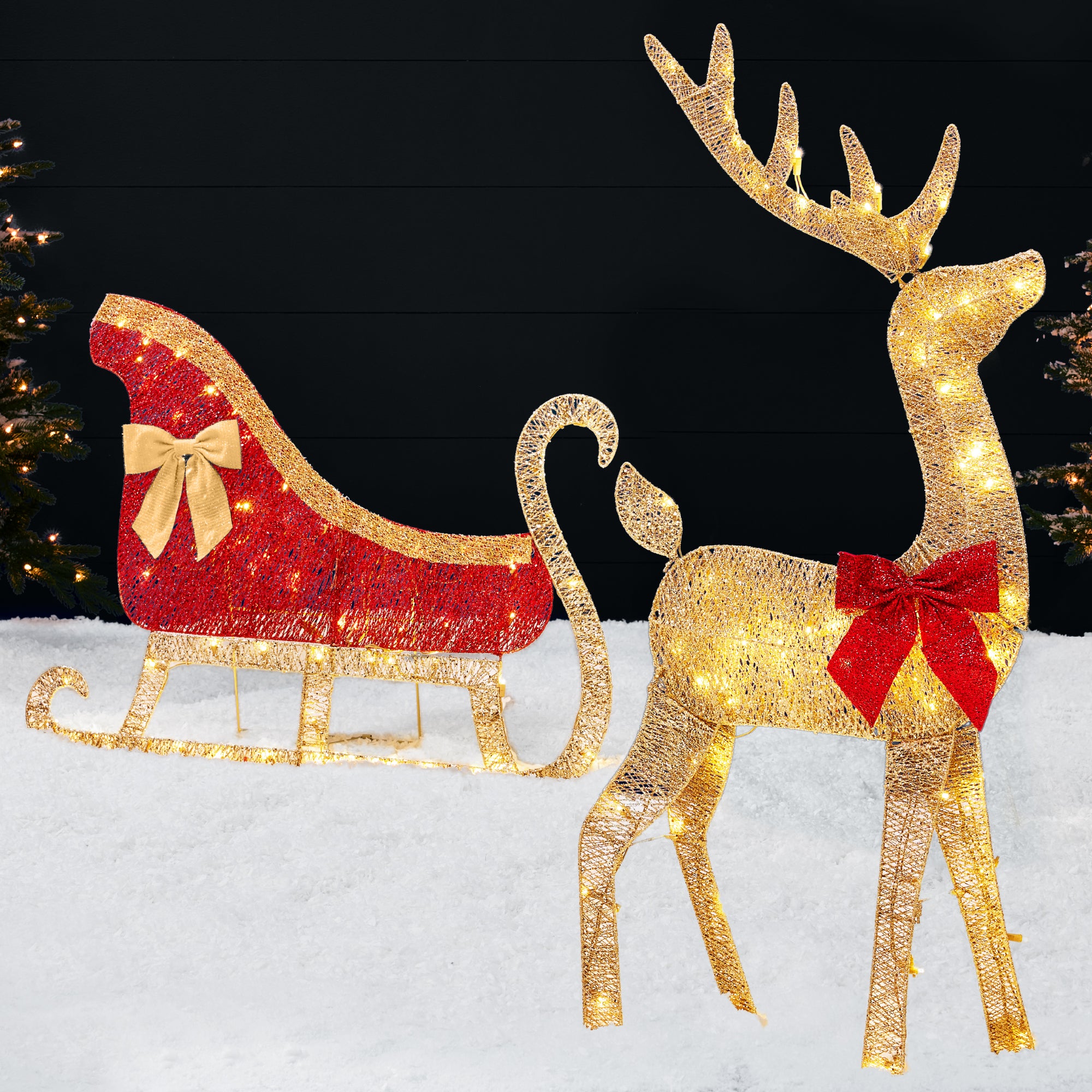 Lighted Display, Reindeer Pulling Sleigh 2024 Lighted Display