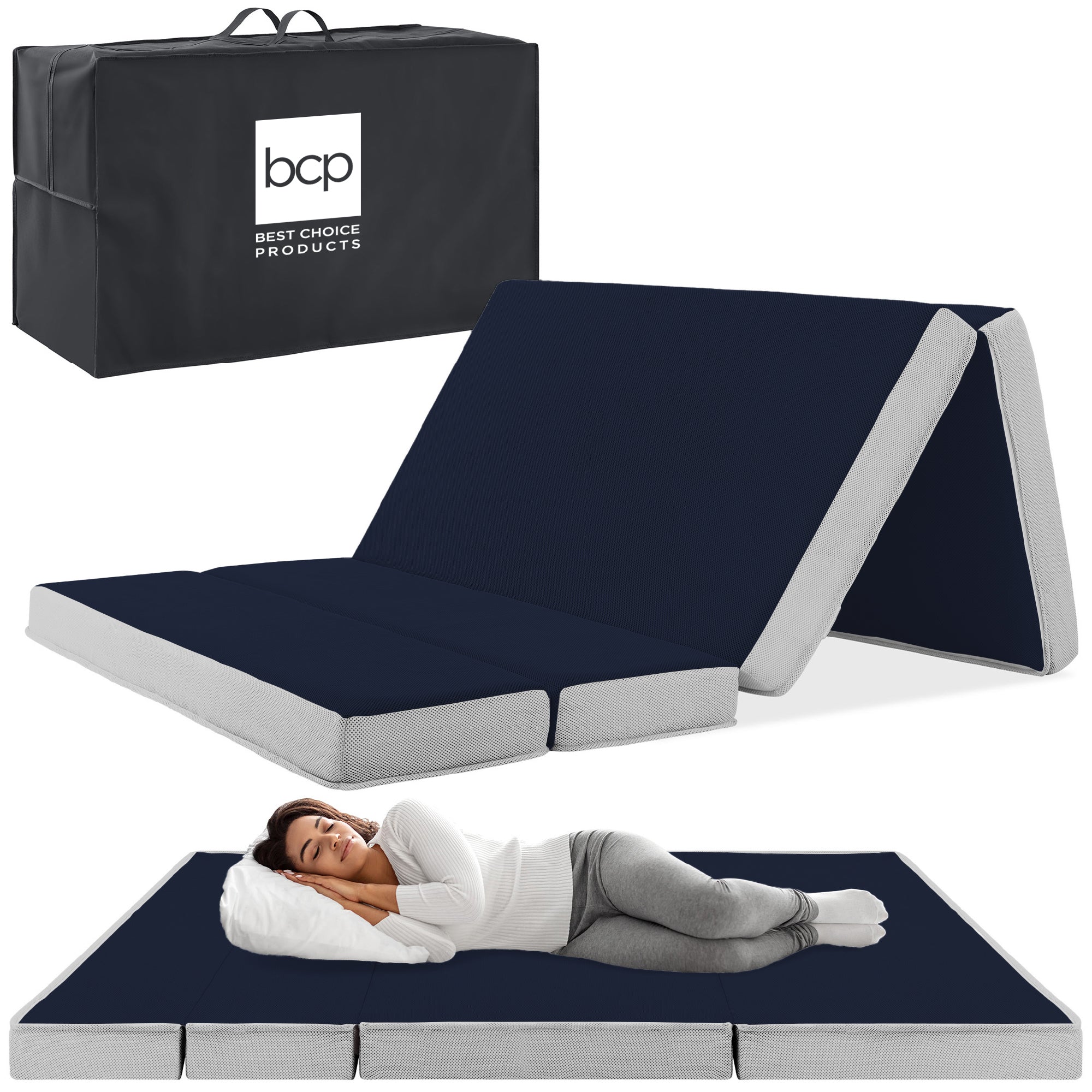 Folding Portable Midnight Blue Mattress Topper w/ Plush Foam 4in