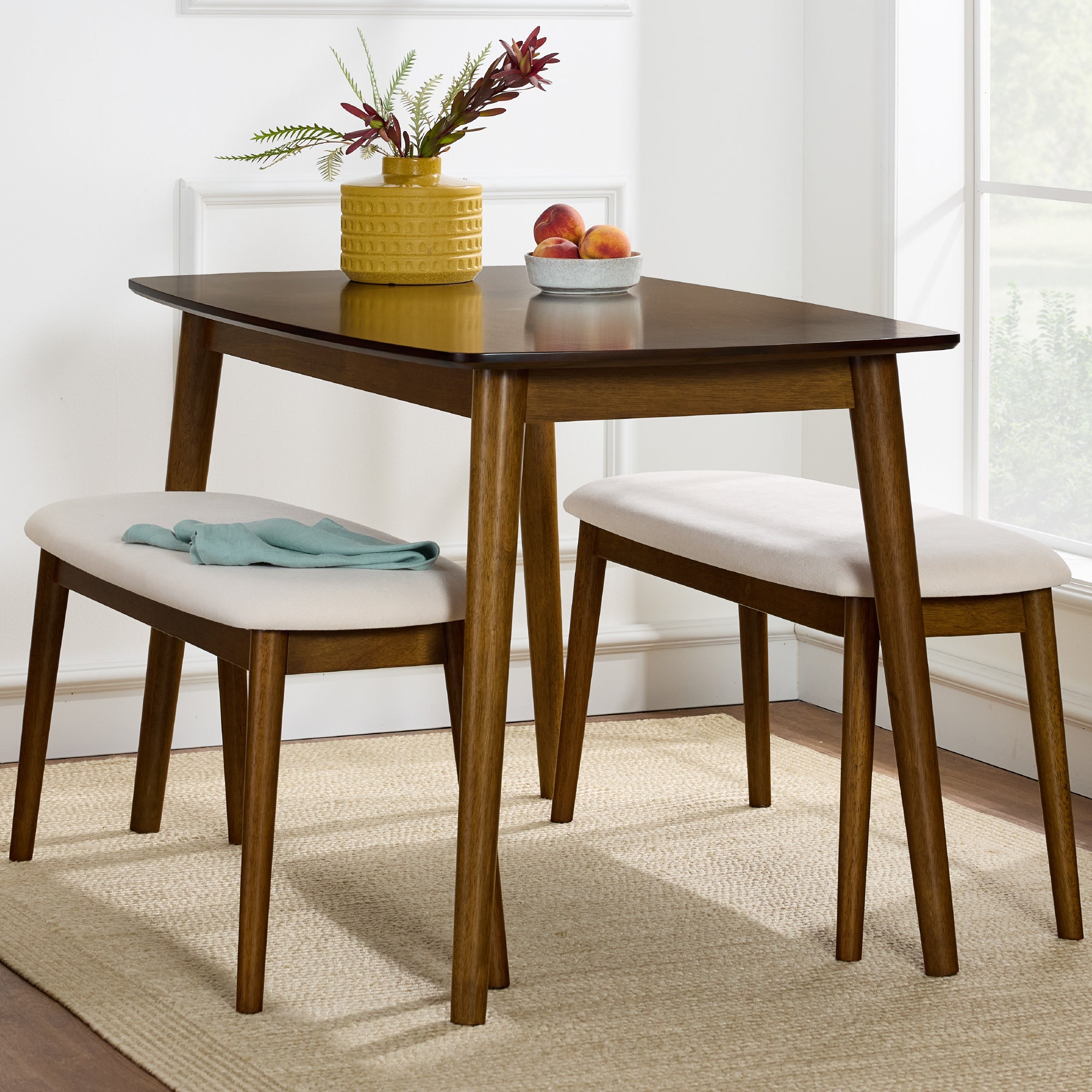 3-Piece Mid-Century Modern Upholstered Wooden Dining Set w/