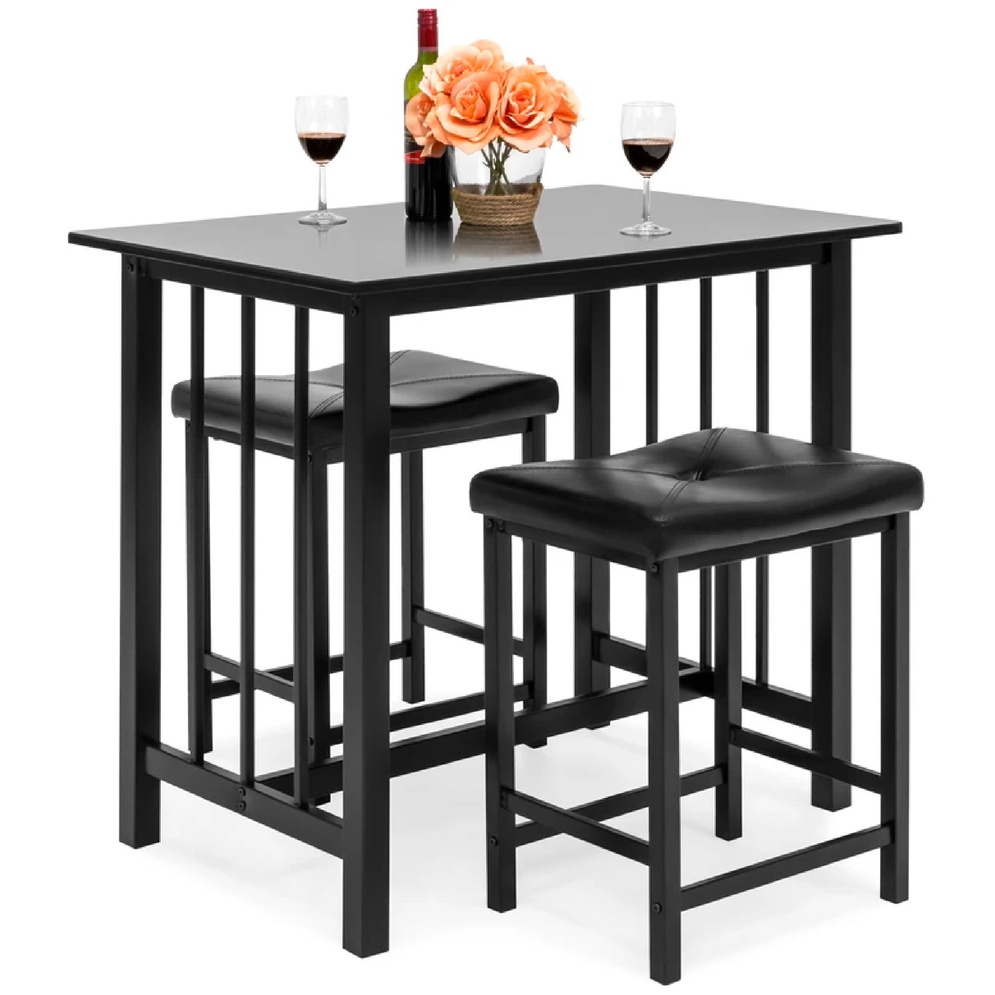 3 Piece Counter Height Dining Table Set w 2 Stools Space Saving