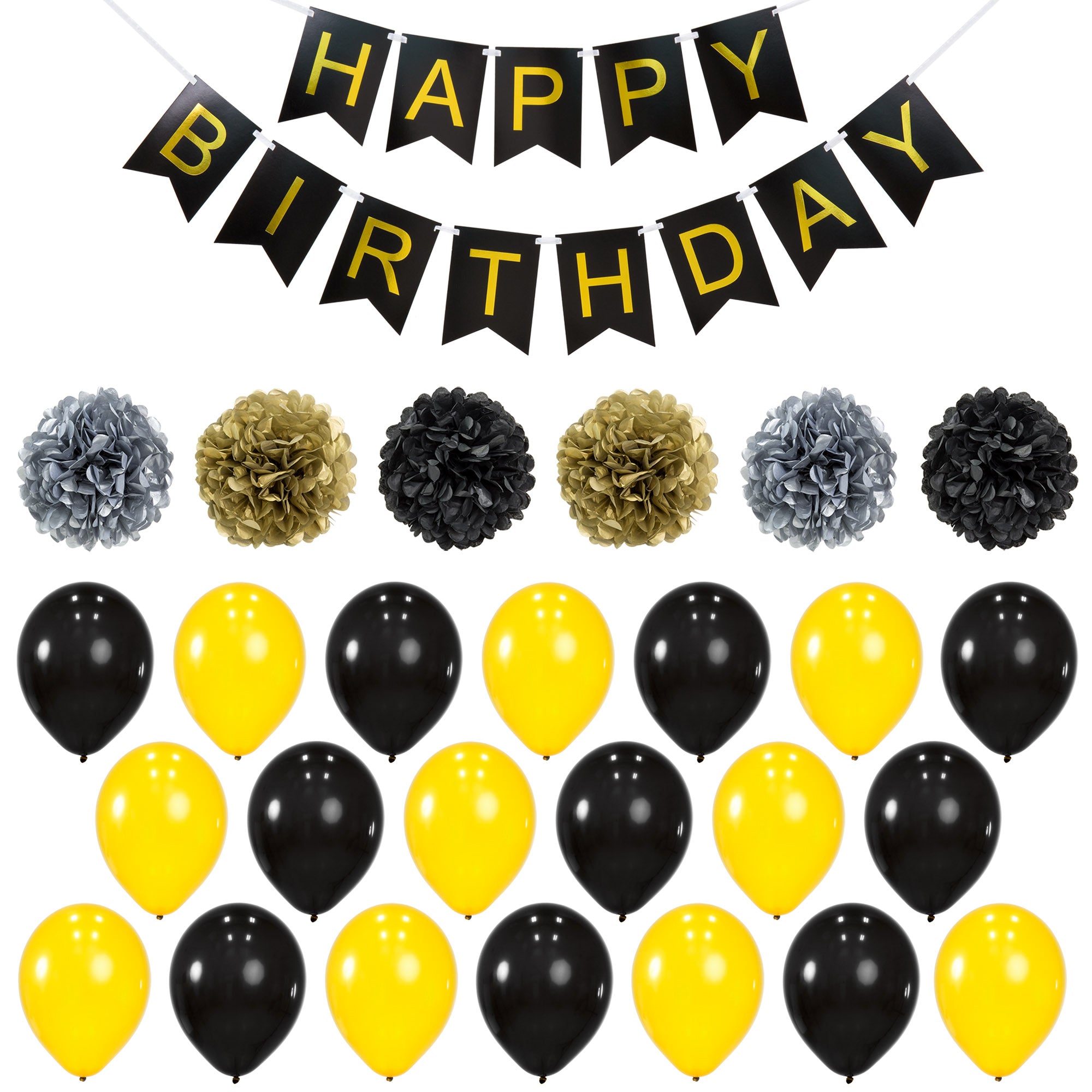 Best Choice Products Birthday Party Balloon Decor Set w/ Happy Birthday Banner, 6 Pom Poms, 20 Balloons Gold/Black