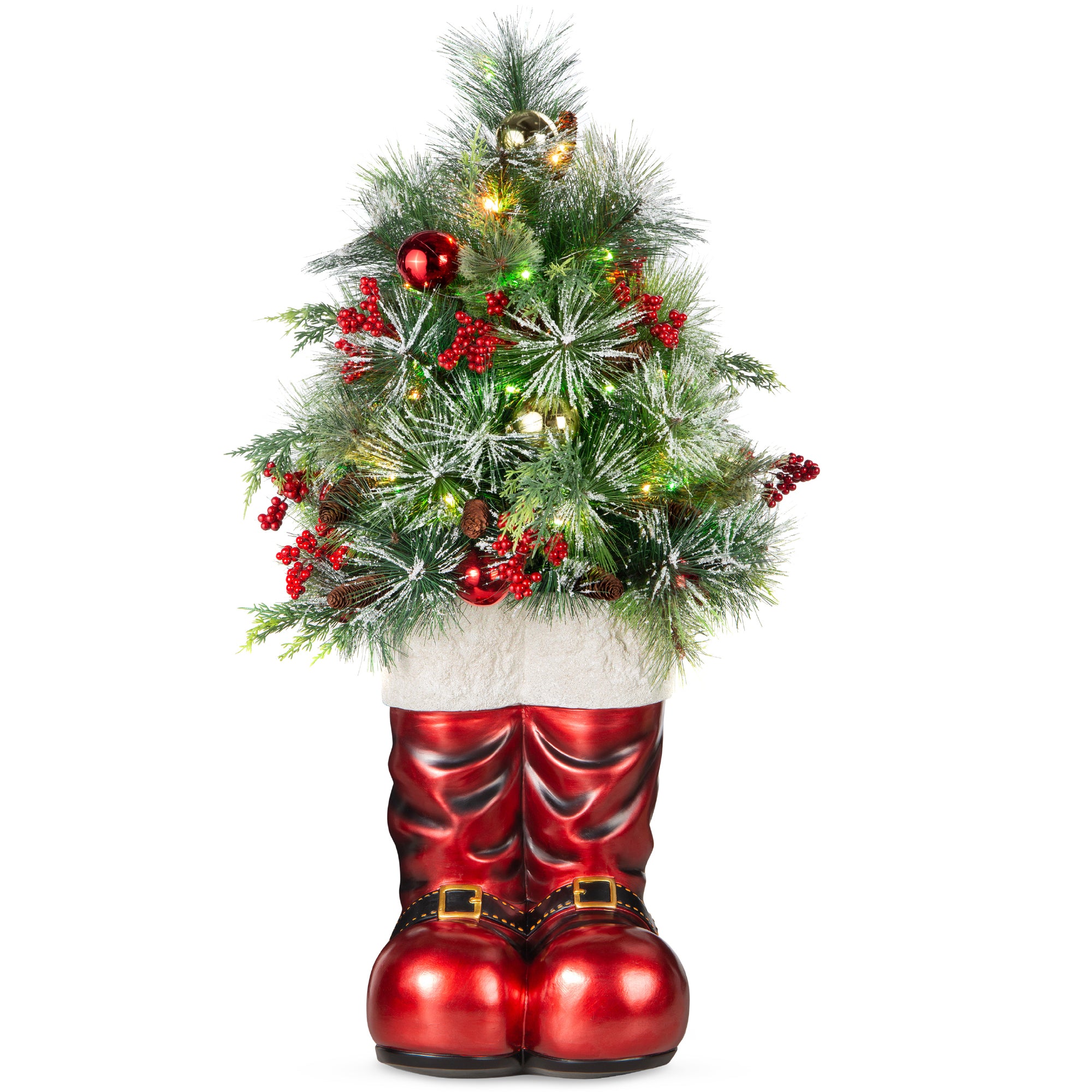 santa boots planter pot Santa Boots w/ Pre-Decorated Christmas Greenery, Lights