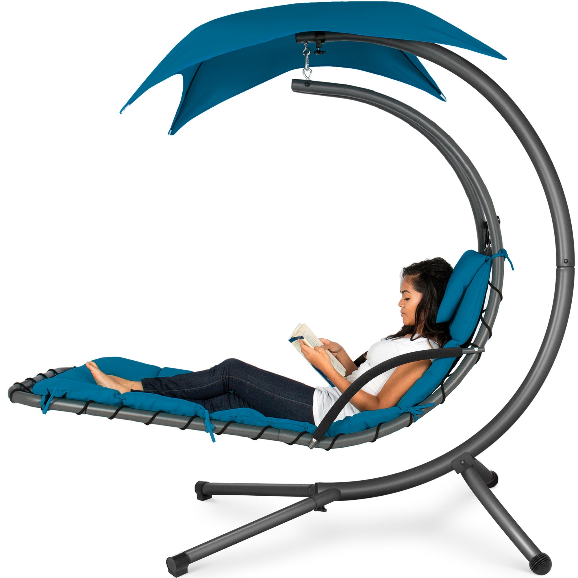 Best Choice Products Hanging Curved Chaise Lounge Chair Swing for Backyard, Patio w/ Pillow, Shade, Stand - Peacock Blue