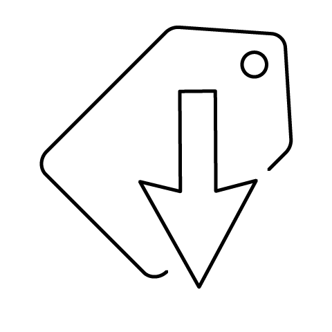 Black outline icon of a price tag with an arrow on a white background