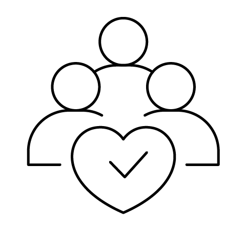 Outline icon of four people surrounding a heart with a checkmark inside on a white background