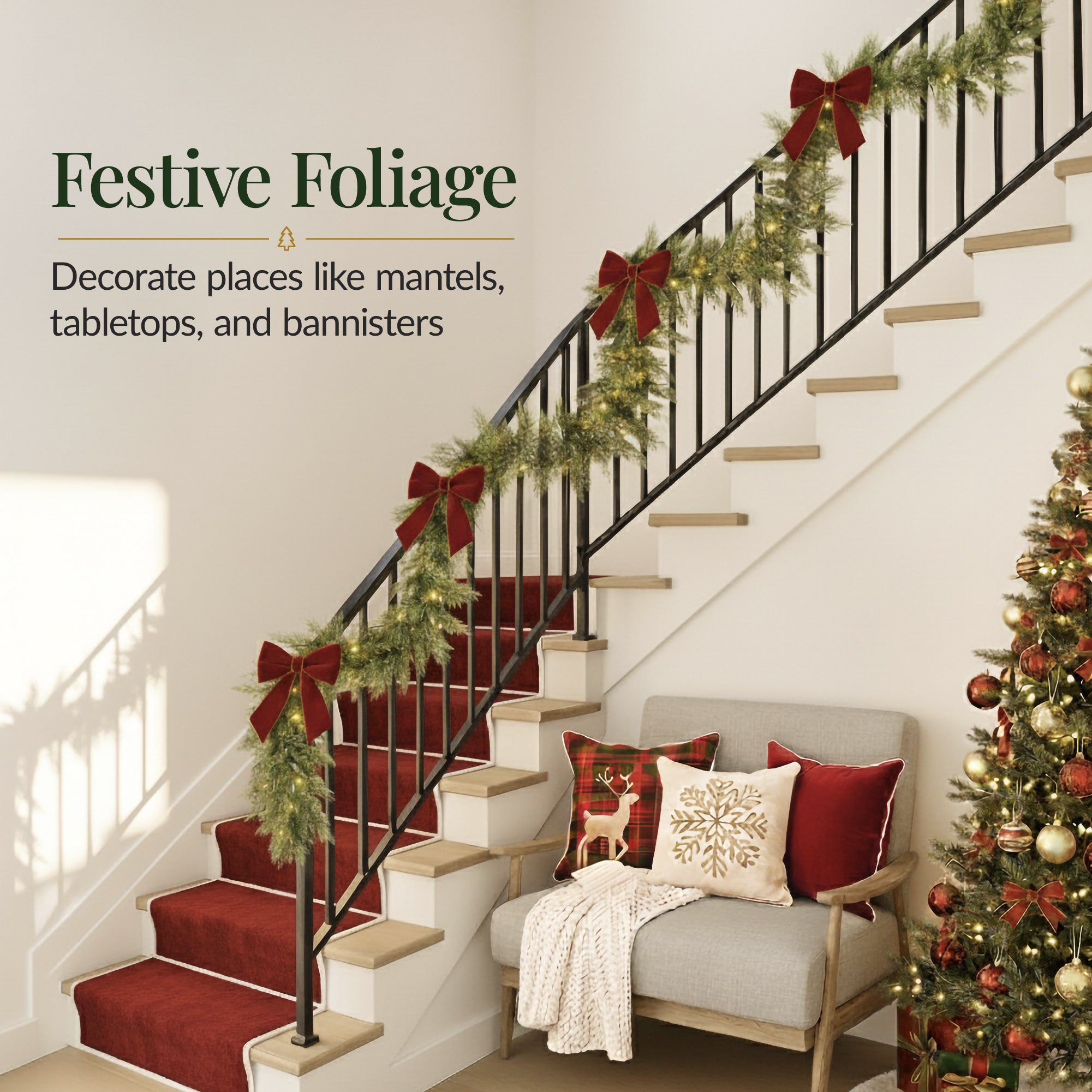 Pre-Lit Cedar Cypress Christmas Realistic Garland w/ Twinkling LEDs
