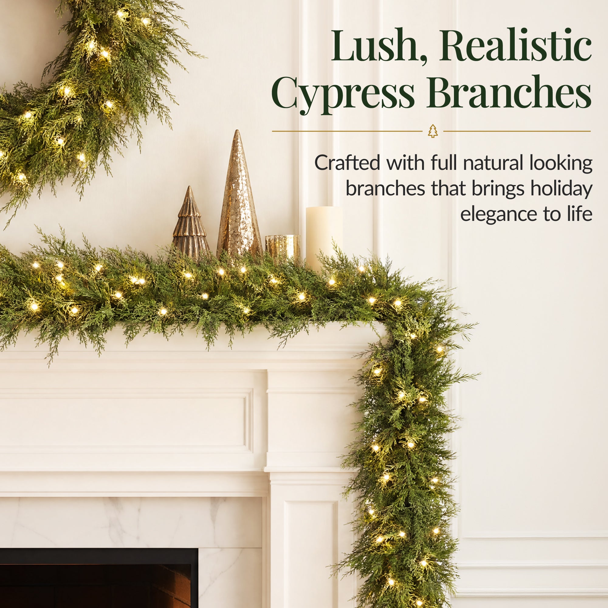 Pre-Lit Cedar Cypress Christmas Garland w/ 50 LEDs, 9Ft, Corded