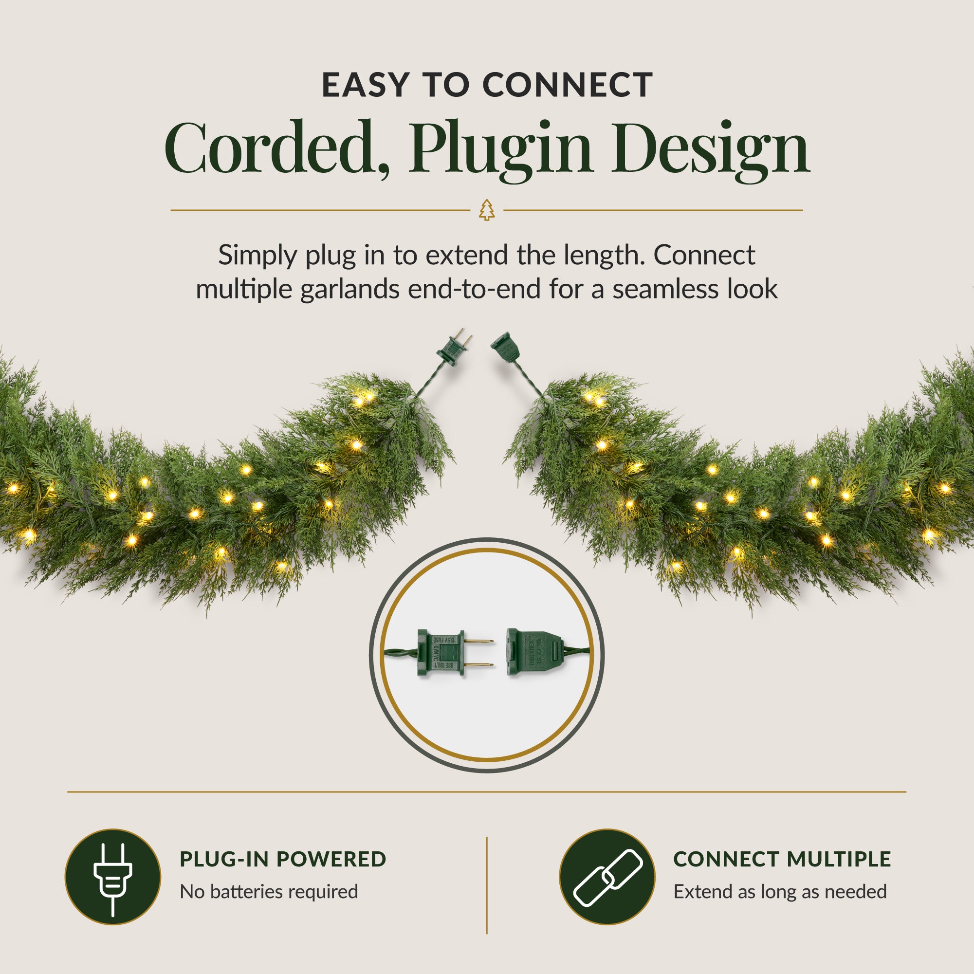 Pre-Lit Cedar Cypress Christmas Garland w/ 50 LEDs, 9Ft, Corded