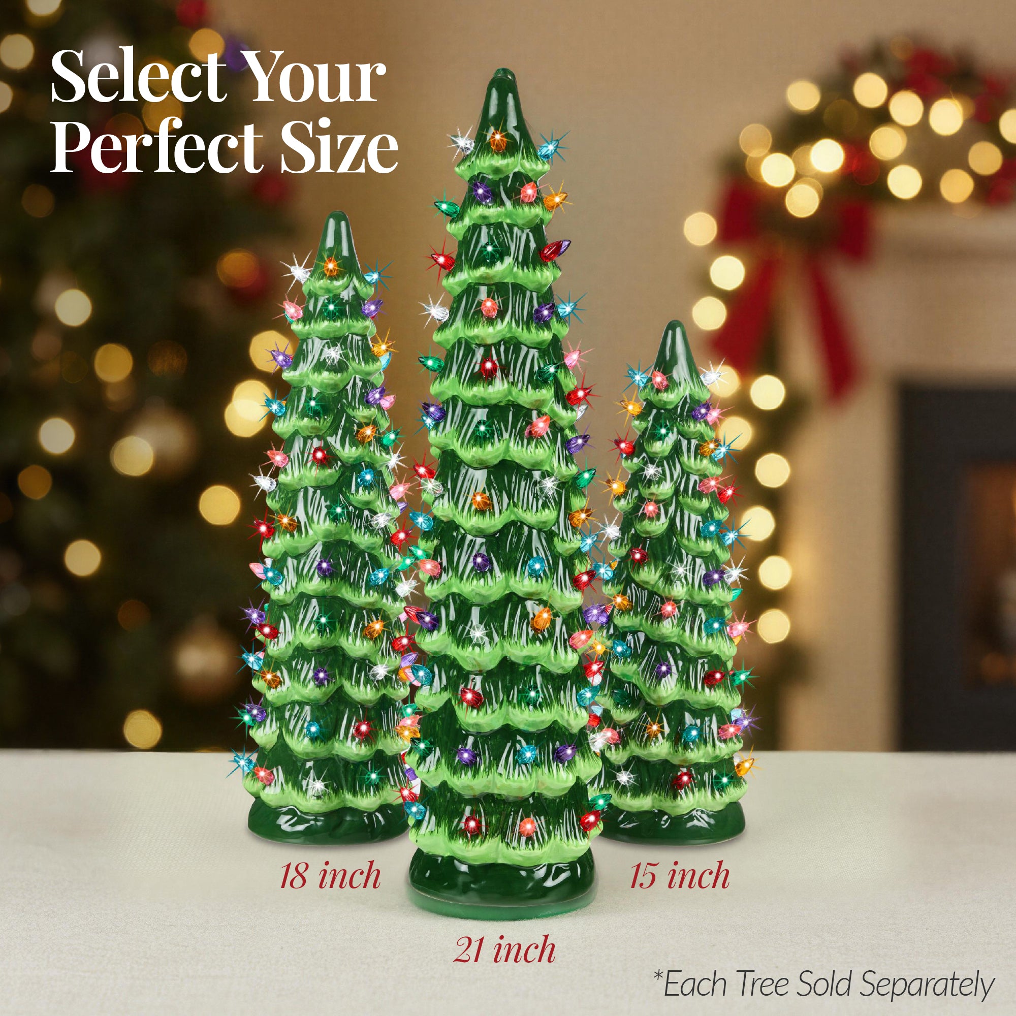 15in Ceramic Christmas Tree, Hand-Painted Holiday Decor w/ LED Lights