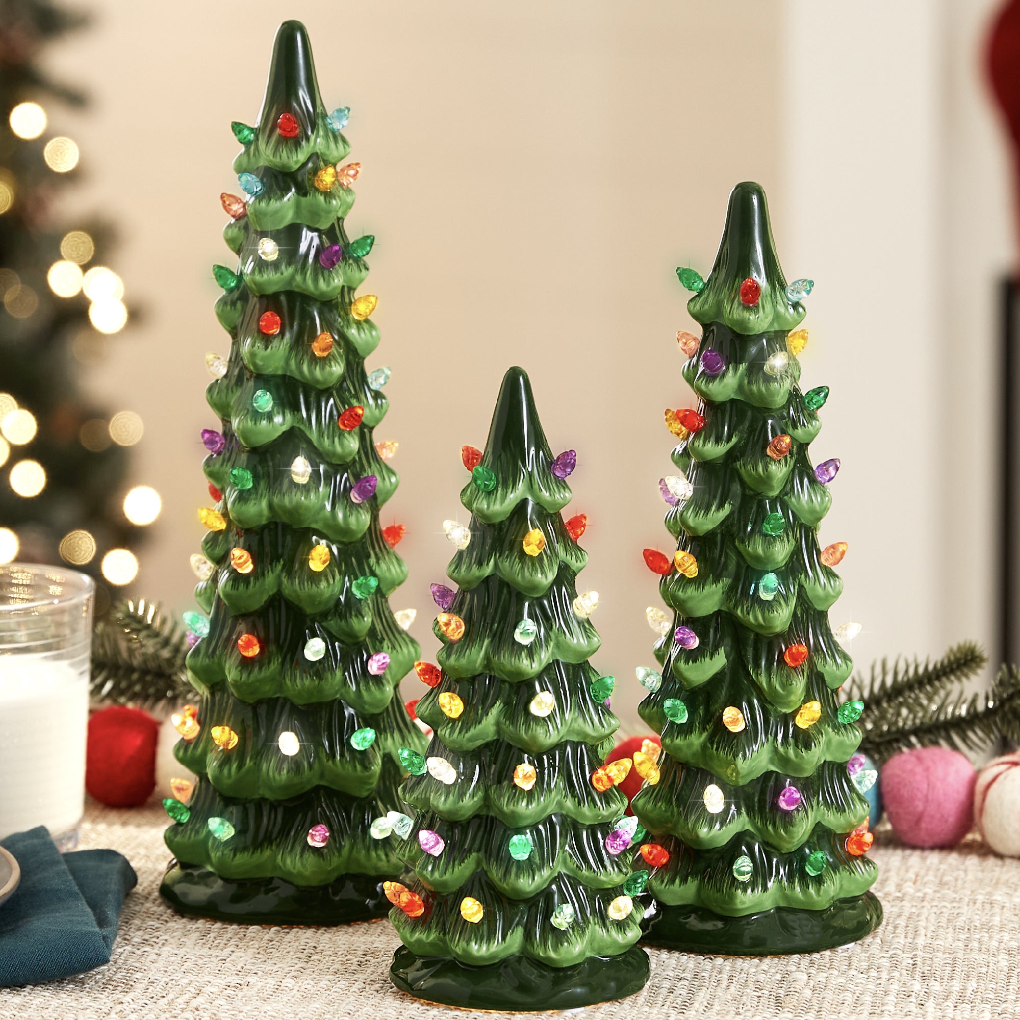 Set of 3 XL Pre-Lit Ceramic Tabletop Christmas Trees
