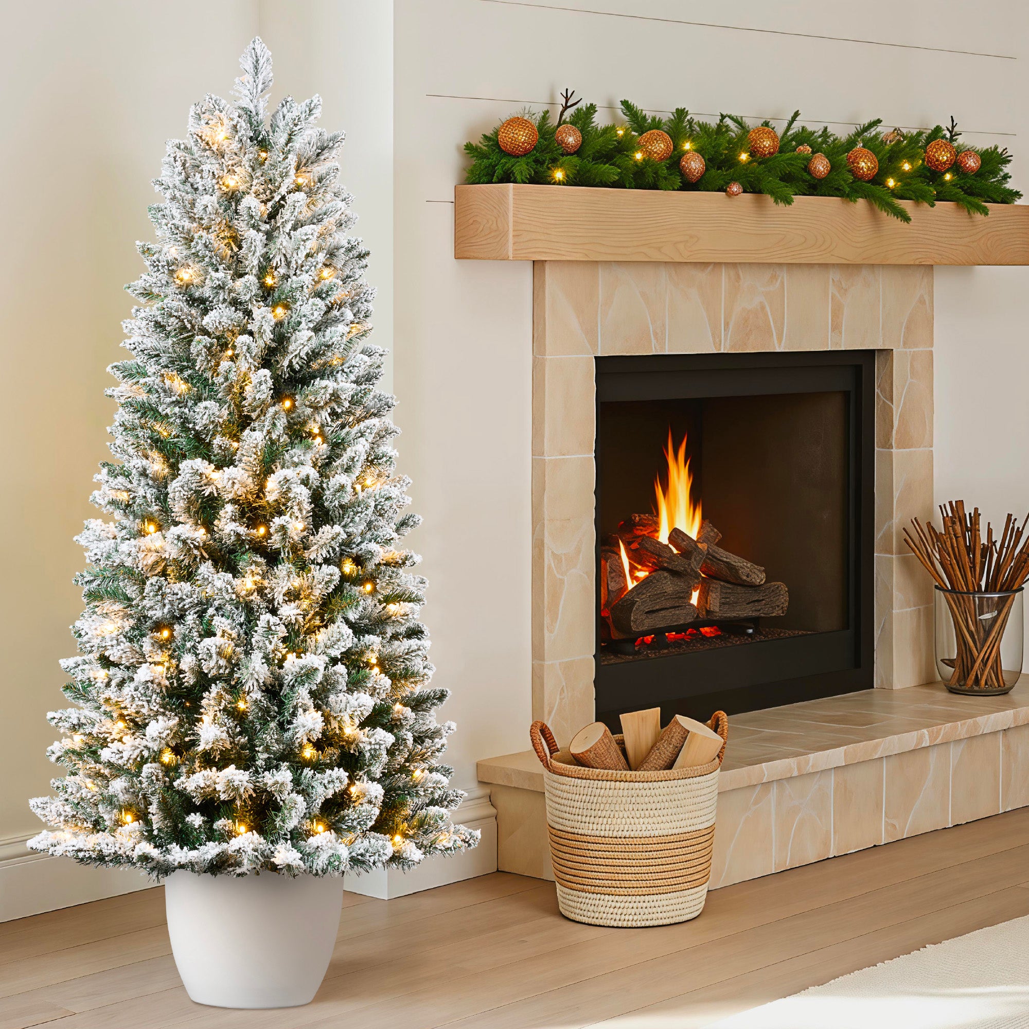 Pre-Lit Potted Flocked Christmas Tree w/ Twinkling White LEDs