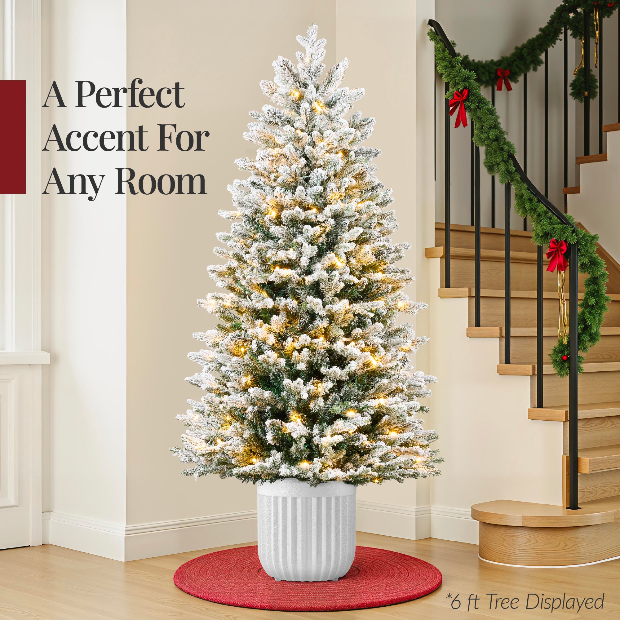 Pre-Lit Potted Flocked Christmas Tree w/Twinkling White & Multi