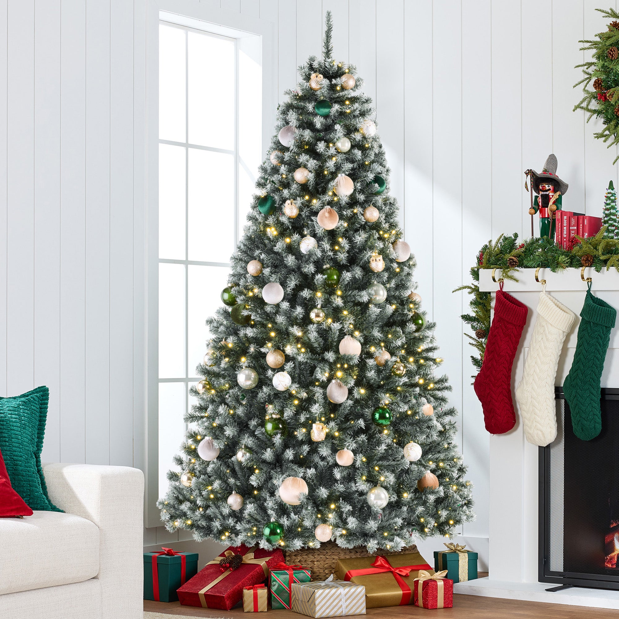 Pre-Lit Frosted Artificial Green Spruce Christmas Tree, w/Easy Assembly