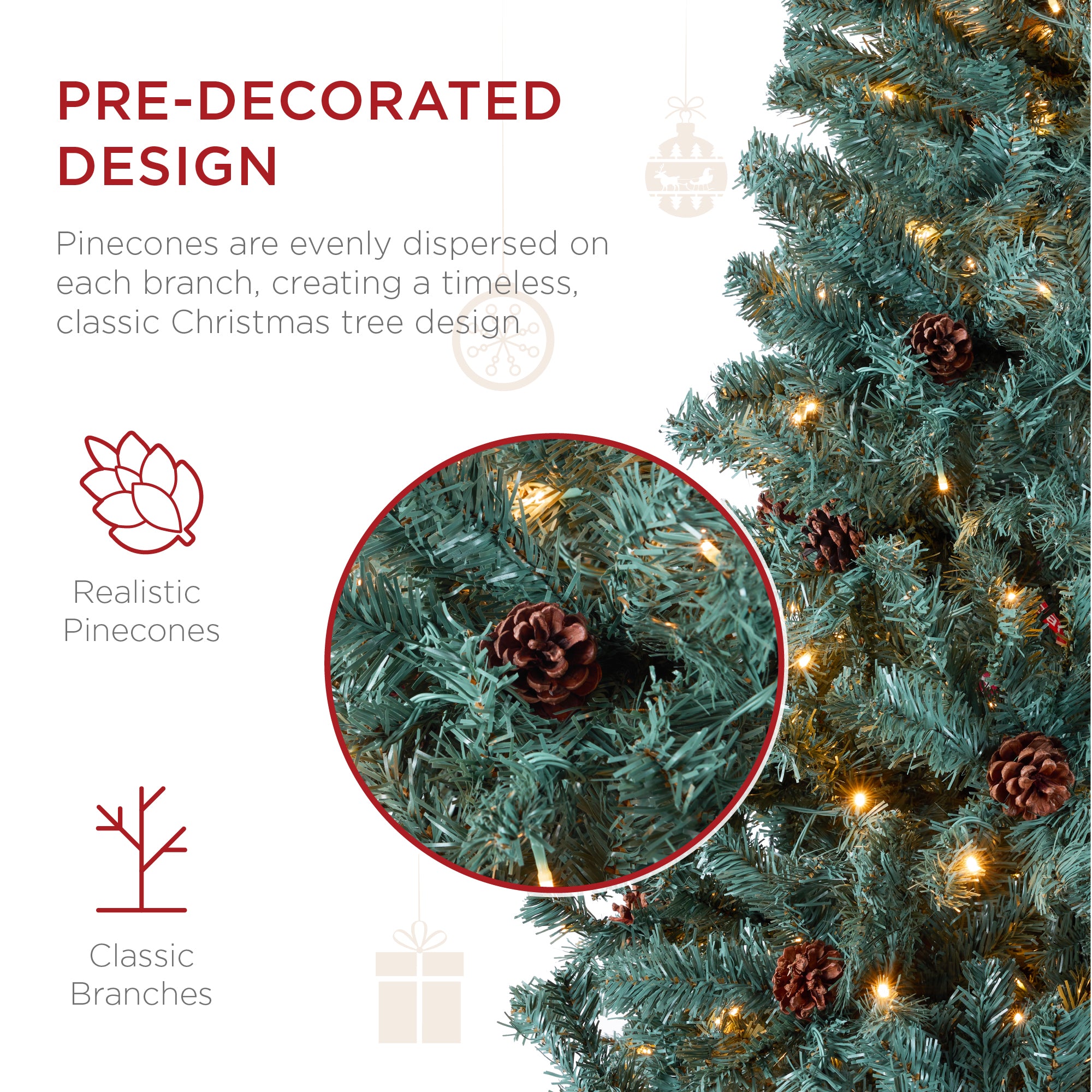 Pre-Lit Pre-Decorated Christmas Tree w/ Pinecones