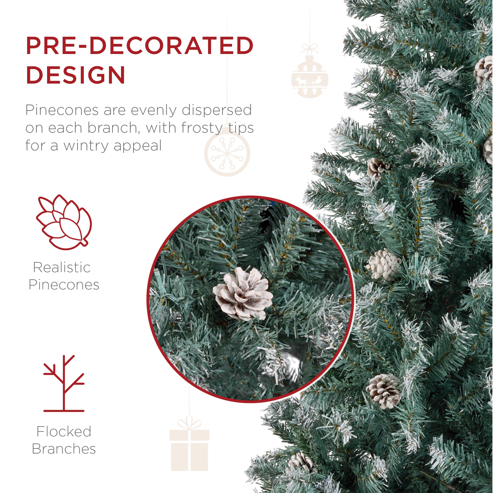 Pre-Decorated Christmas Tree w/ Pinecones, Flocked Branch Tips
