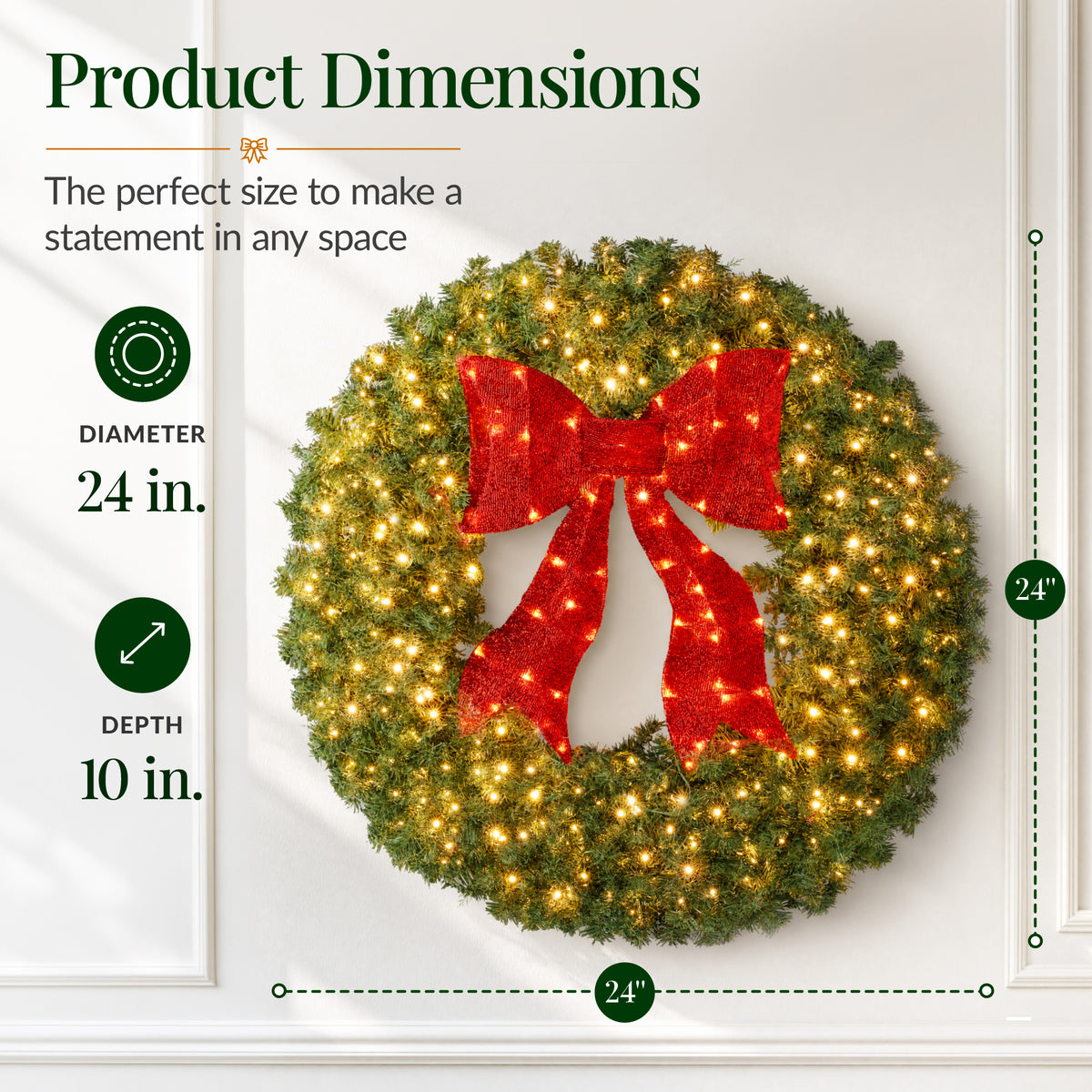 Pre-Lit Artificial Fir Christmas Wreath w/ Red Bow, LED Lights
