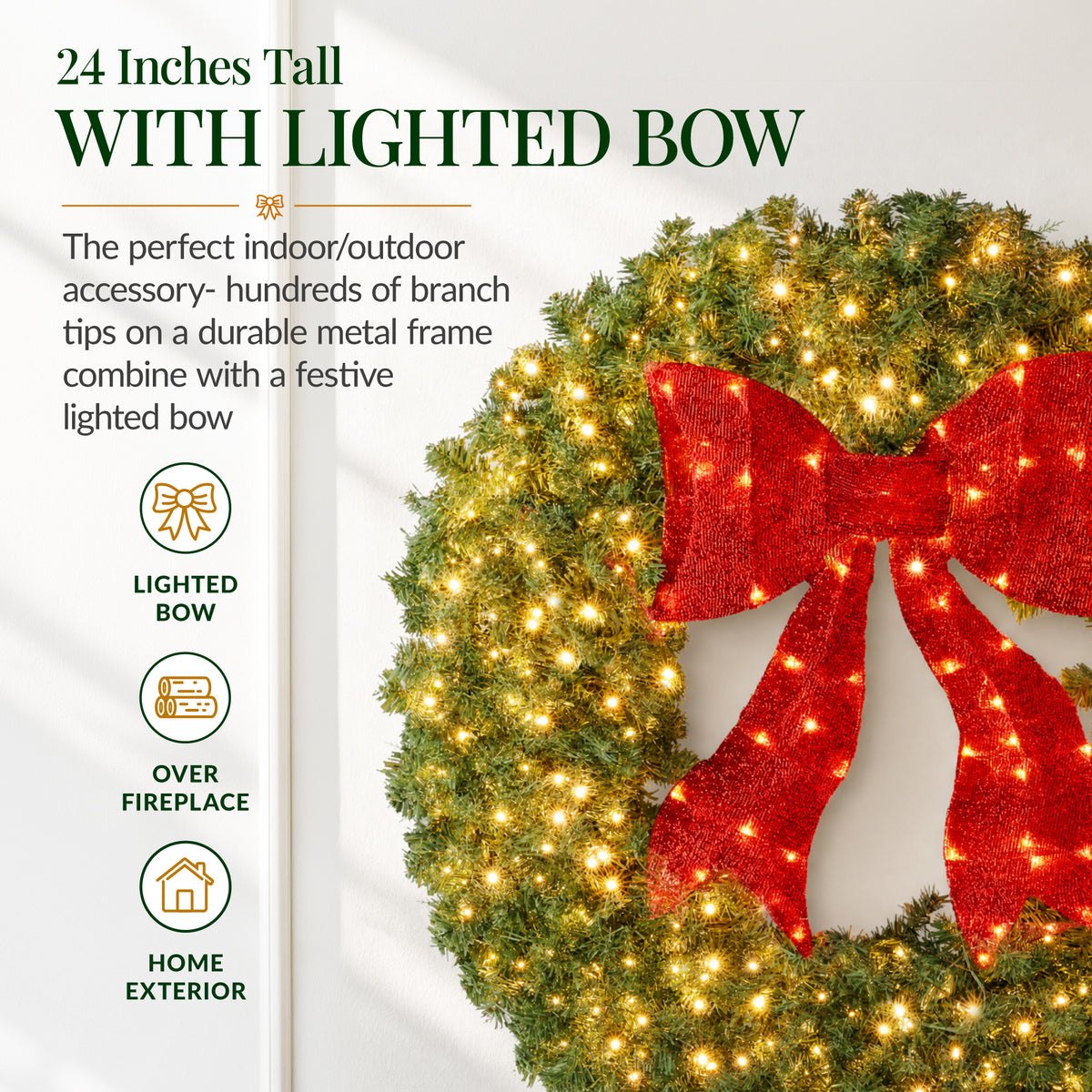 Pre-Lit Artificial Fir Christmas Wreath w/ Red Bow, LED Lights