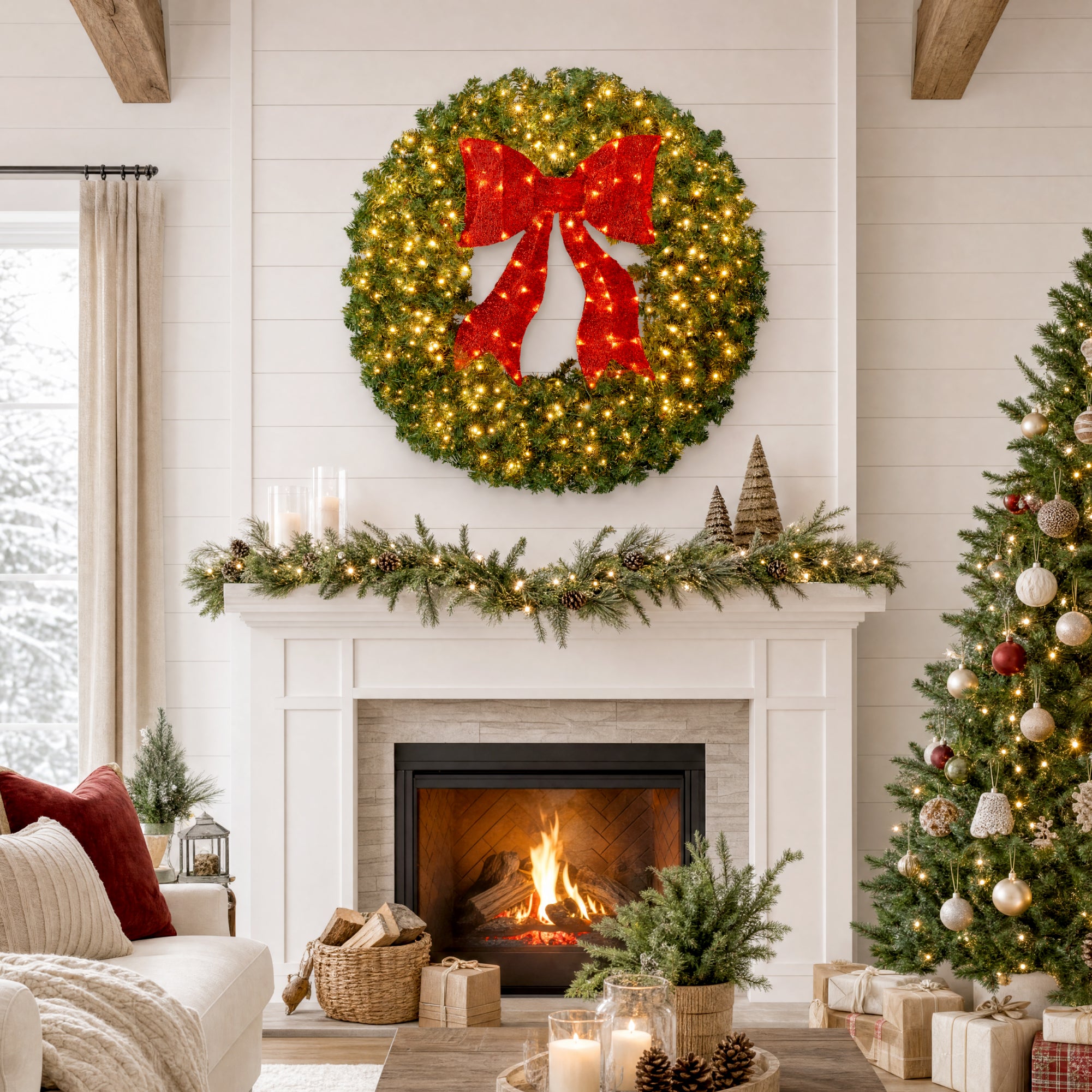 Pre-Lit Artificial Fir Christmas Wreath w/ Red Bow, LED Lights