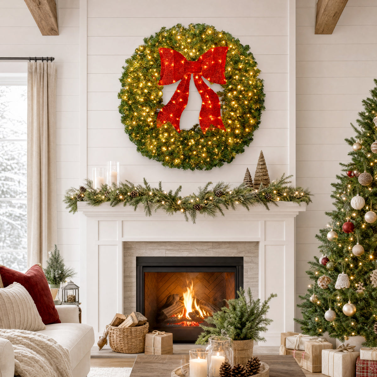 Pre-Lit Artificial Fir Christmas Wreath w/ Red Bow, LED Lights