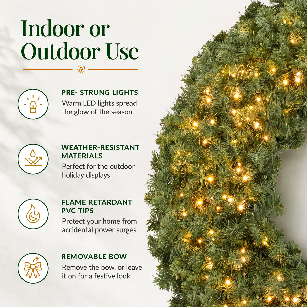 Pre-Lit Artificial Fir Christmas Wreath w/ Red Bow, LED Lights