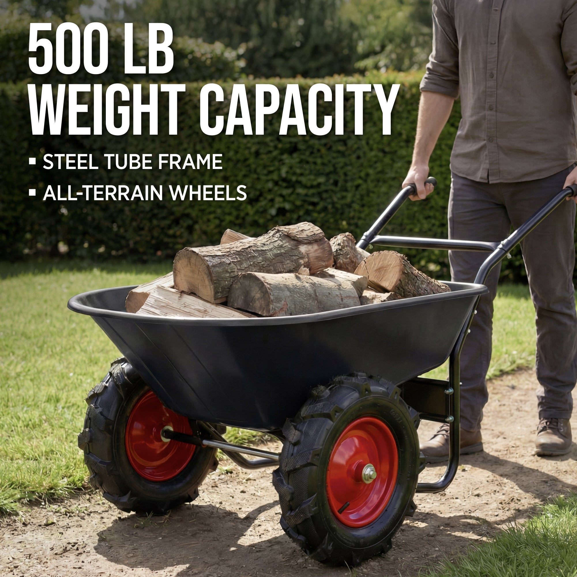 Dual-Wheel Wheelbarrow w/Built in Stand, 500lb Capacity, Extra Large Wheels