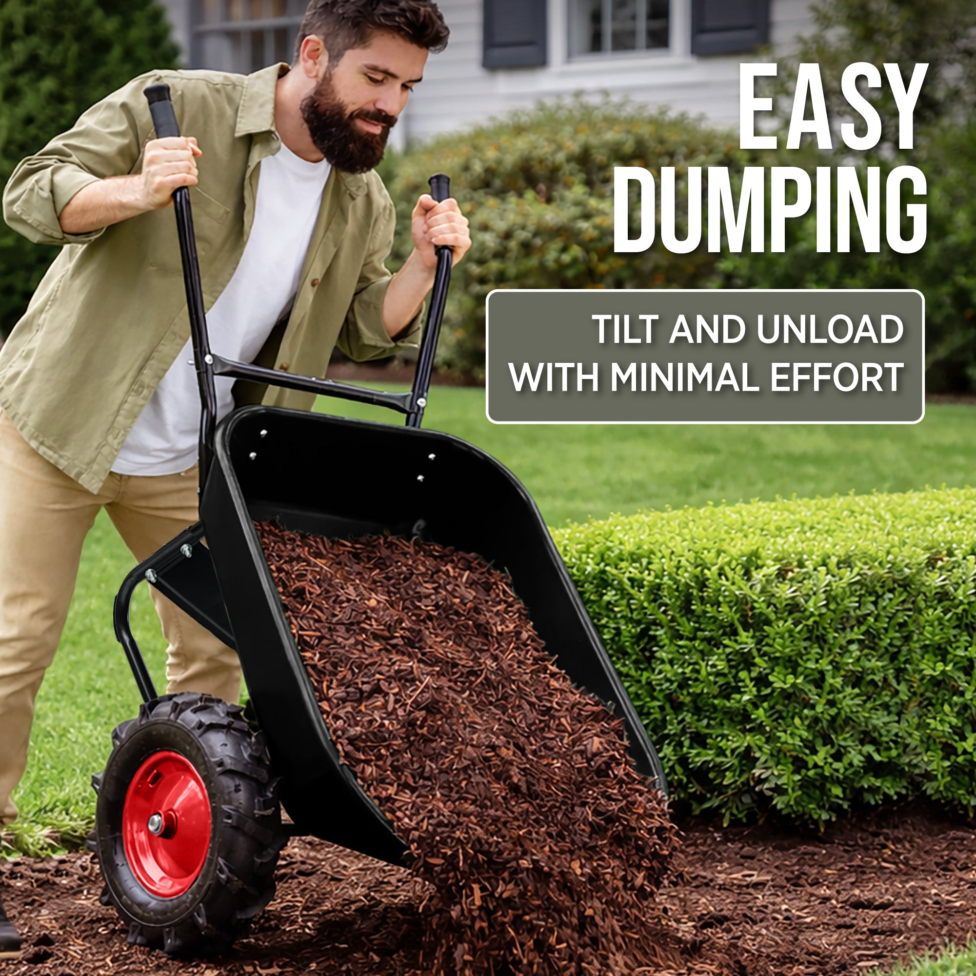 Dual-Wheel Wheelbarrow w/Built in Stand, 500lb Capacity, Extra Large Wheels