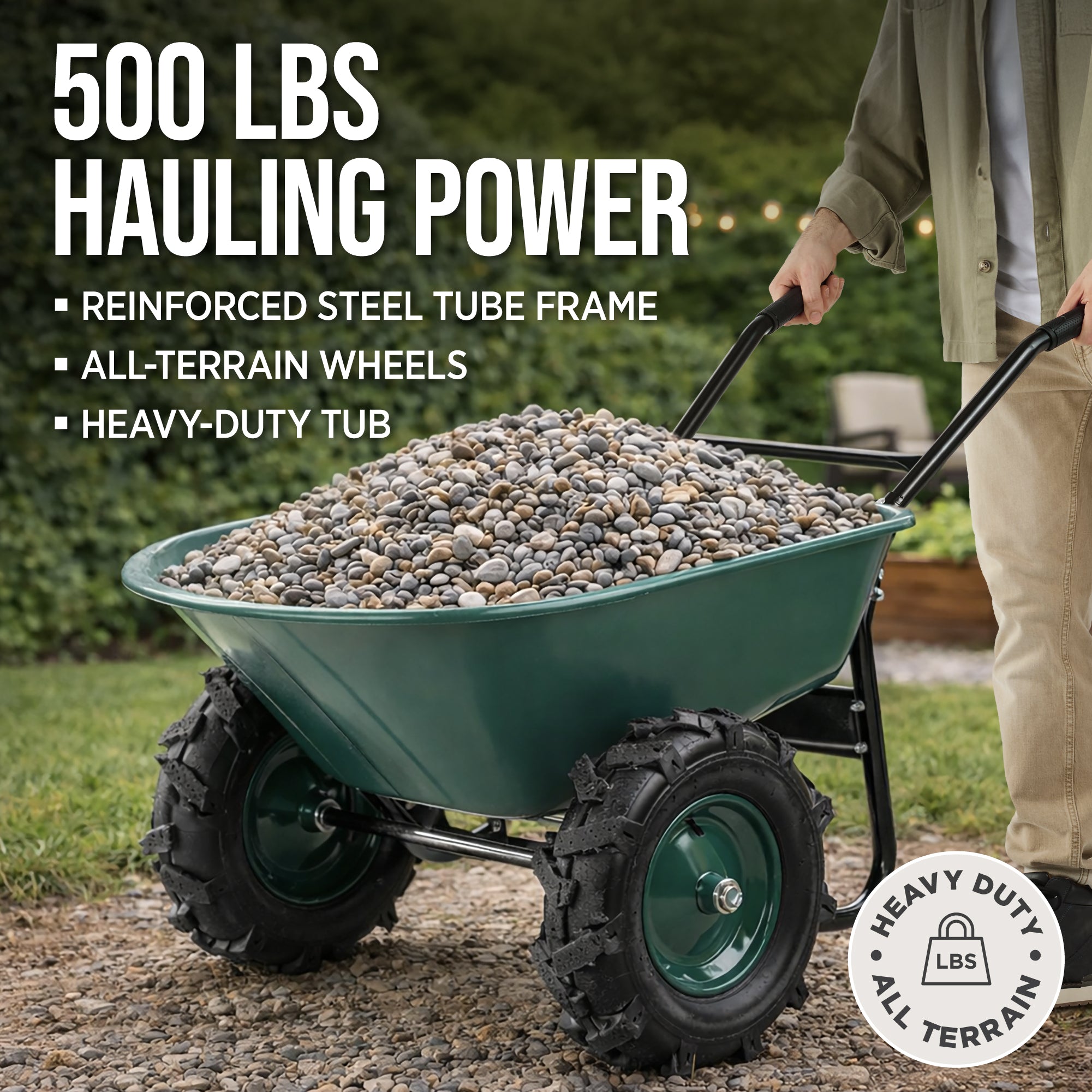 Dual-Wheel Wheelbarrow w/Built in Stand, 500lb Capacity, Extra Large Wheels