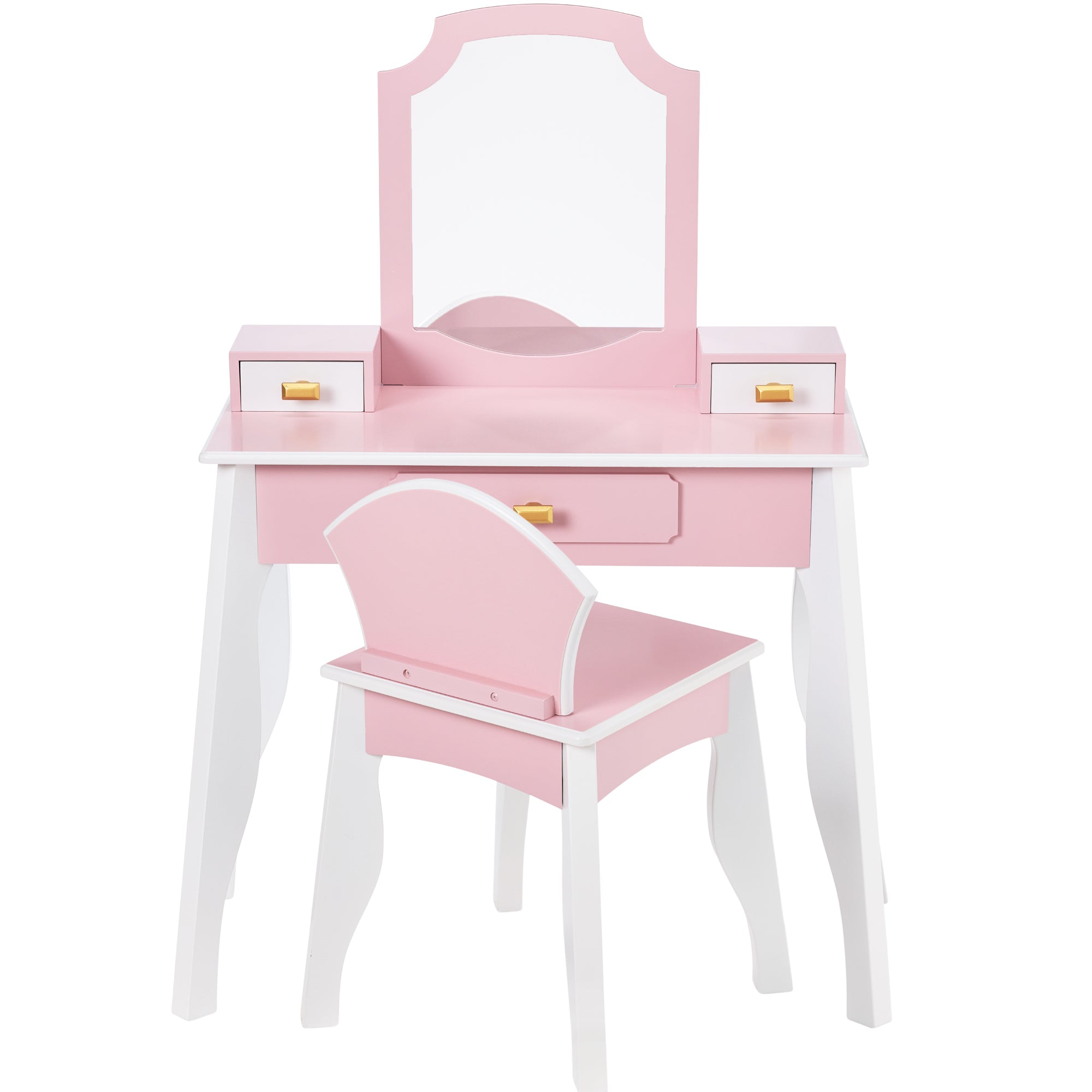 Kids Wooden Pretend Play Vanity and Chair Set w/ Mirror