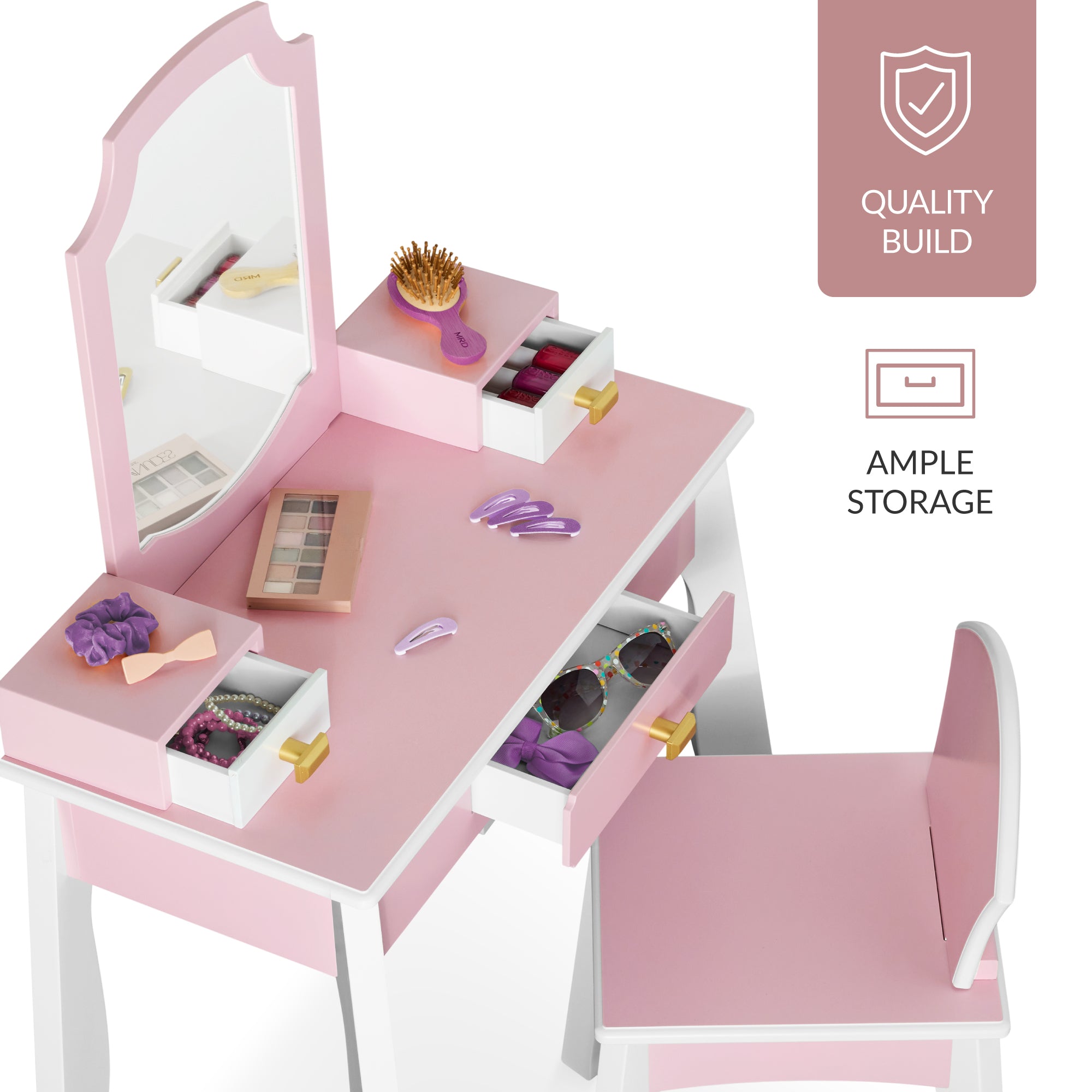 Kids Wooden Pretend Play Vanity and Chair Set w/ Mirror