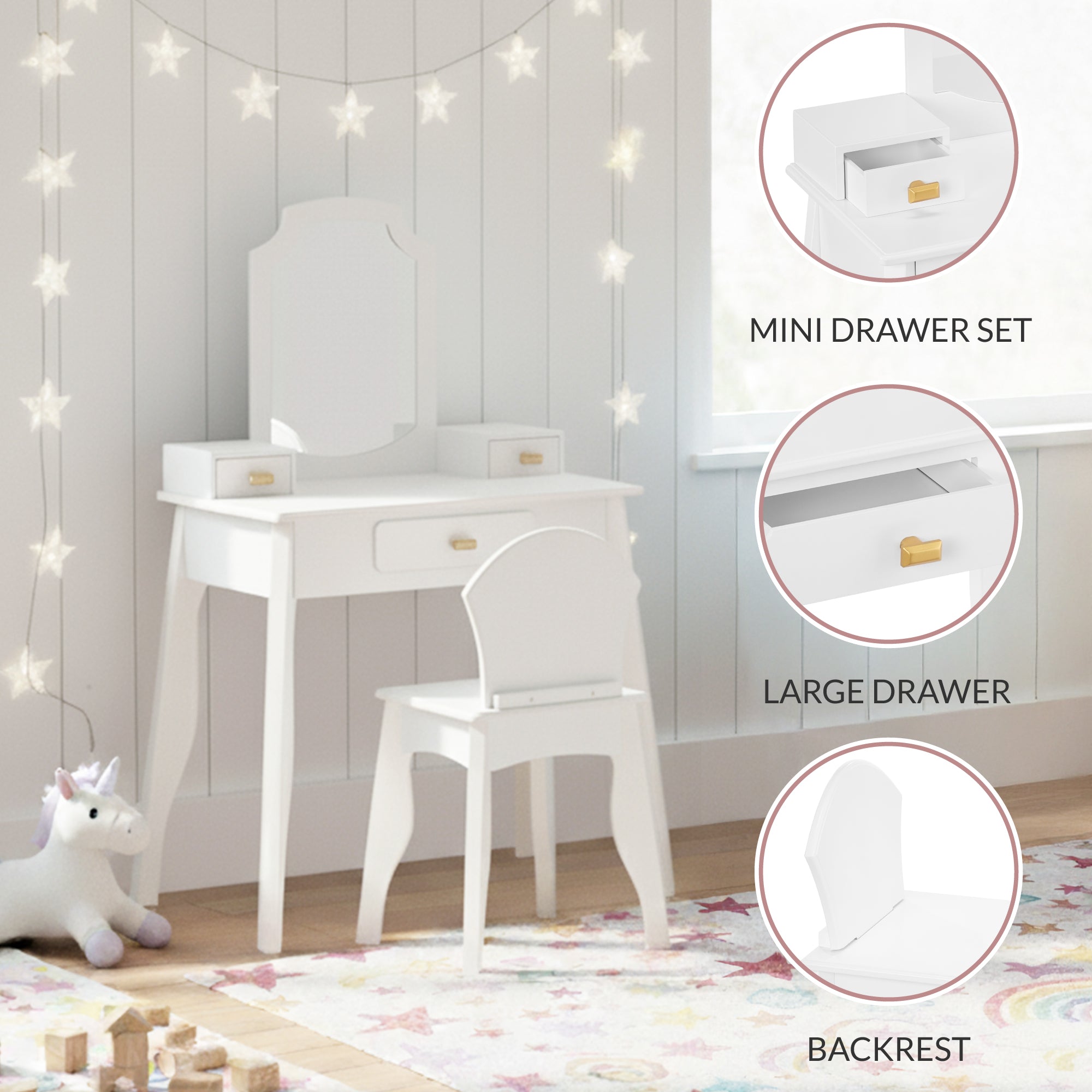 Kids Wooden Pretend Play Vanity and Chair Set w/ Mirror