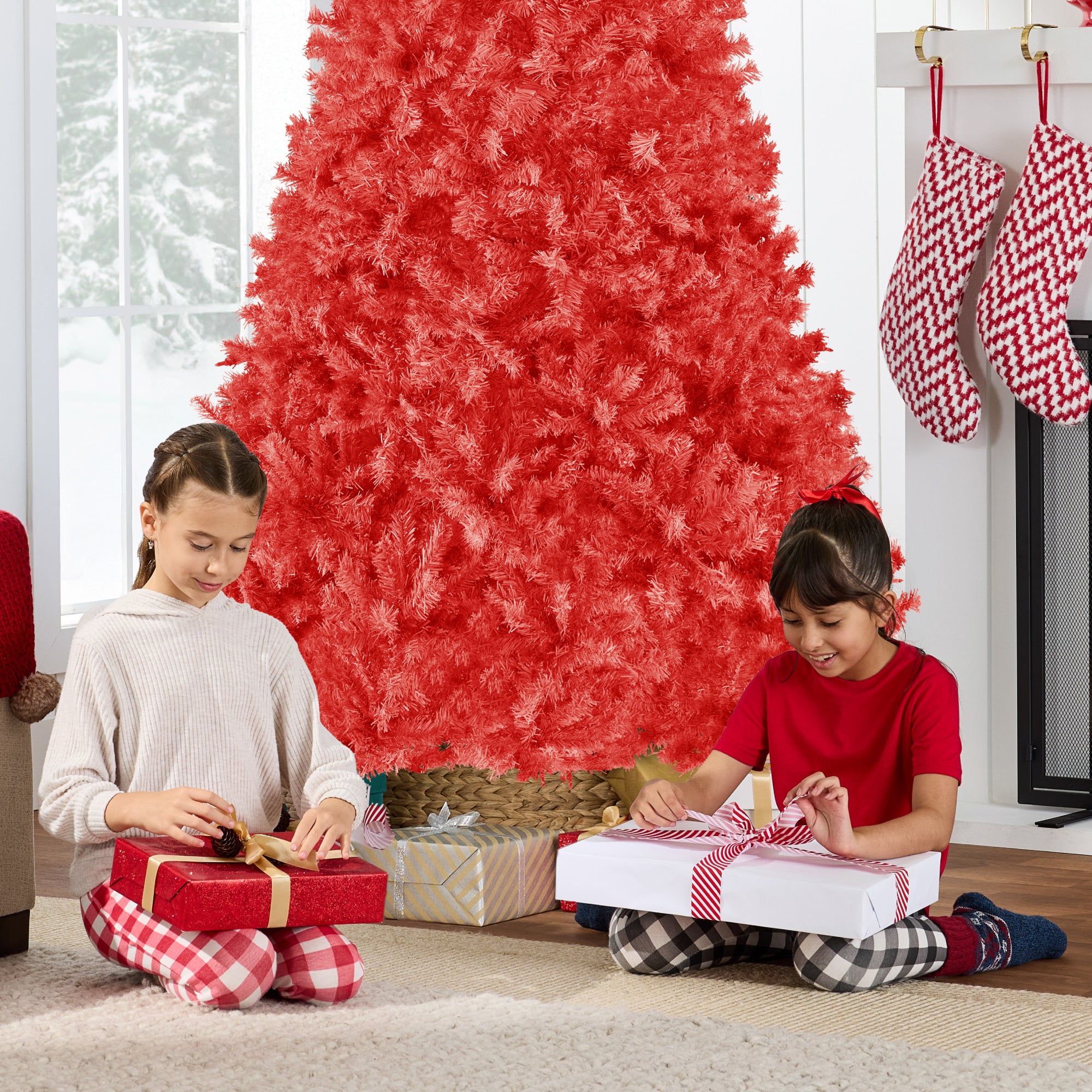 Artificial Red Christmas Tree, Unlit Pine Design w/Easy Assembly