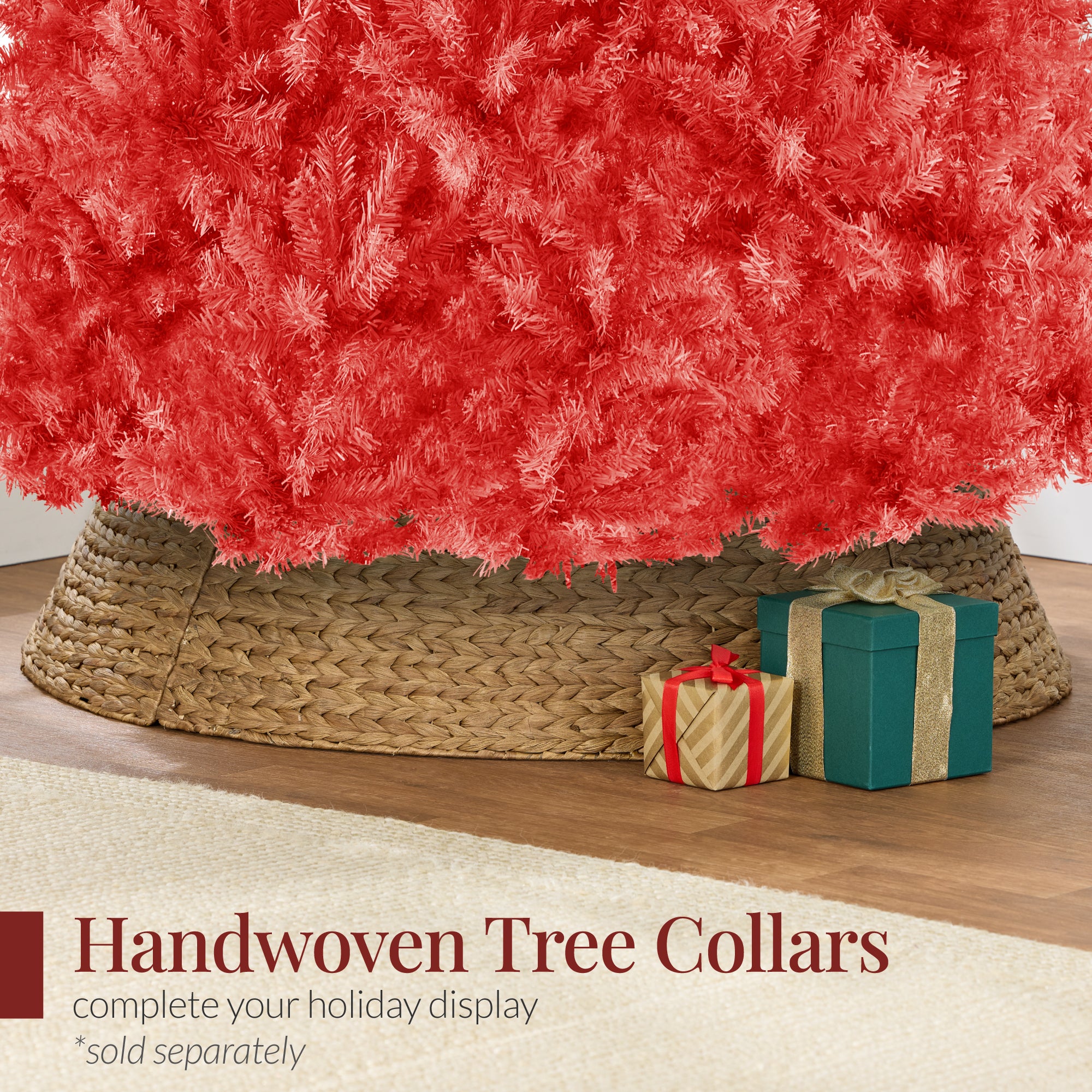 Artificial Red Christmas Tree, Unlit Pine Design w/Easy Assembly