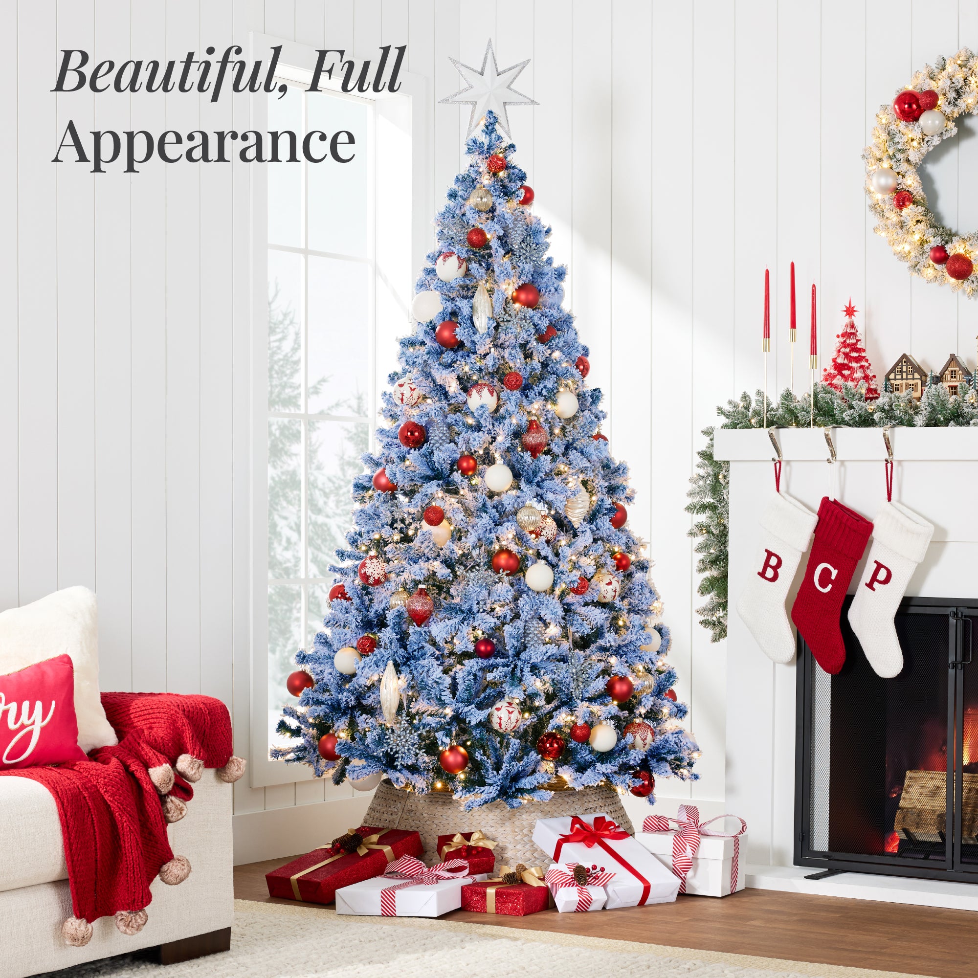 Pre-lit Christmas Tree, Snow Flocked Holiday Decor w/Twinkle Lights