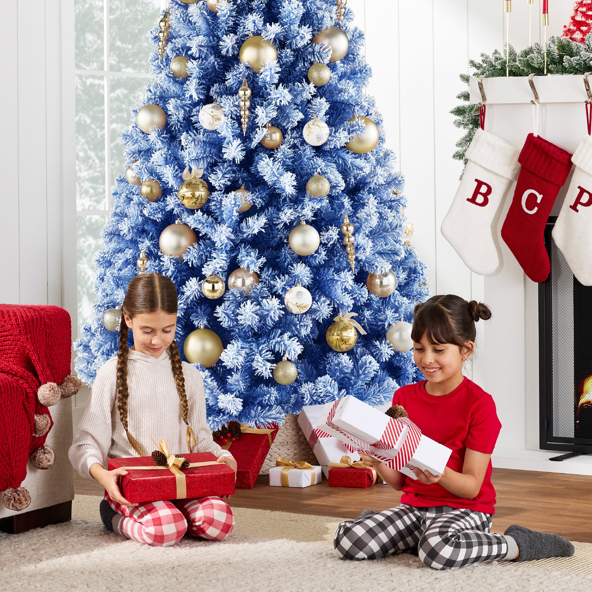 Snow Flocked Colorful Artificial Pine Christmas Tree w/ Foldable Metal Base