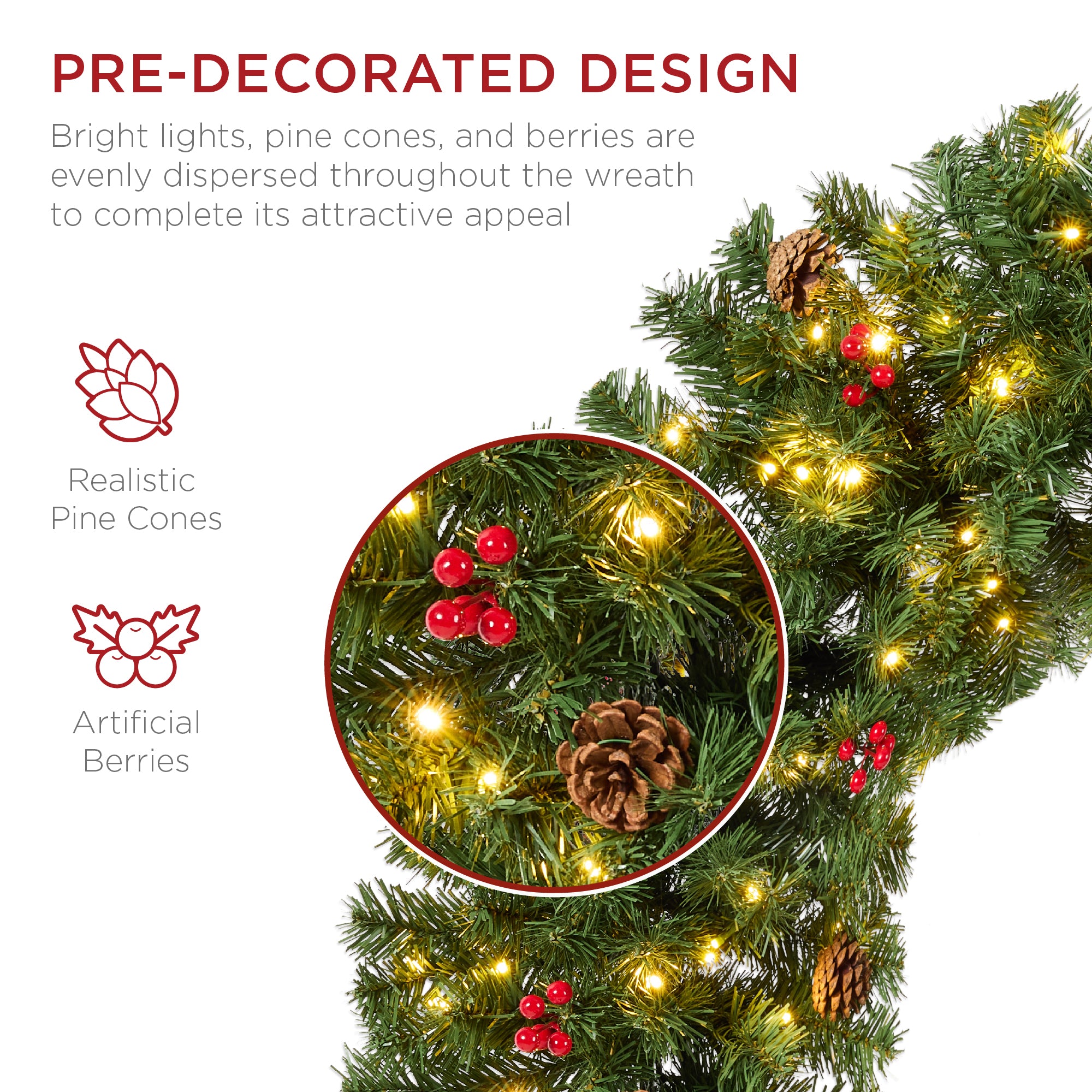 Pre-Lit Artificial Christmas Wreath w/Berries & Pinecones, Lights