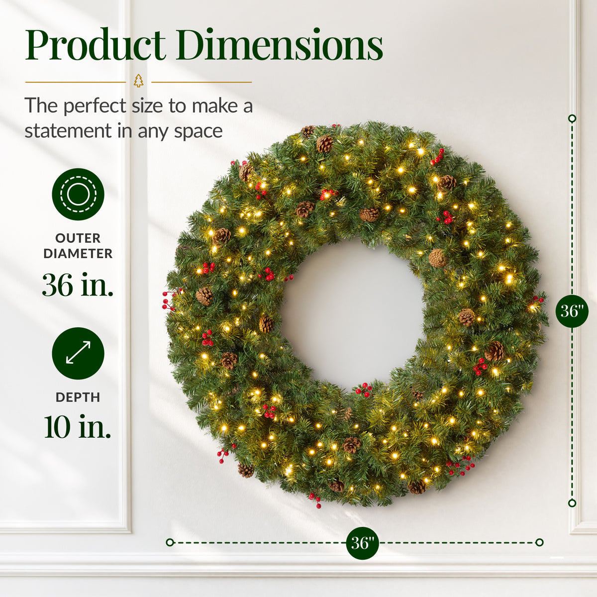Pre-Lit Artificial Christmas Wreath w/Berries & Pinecones, Lights