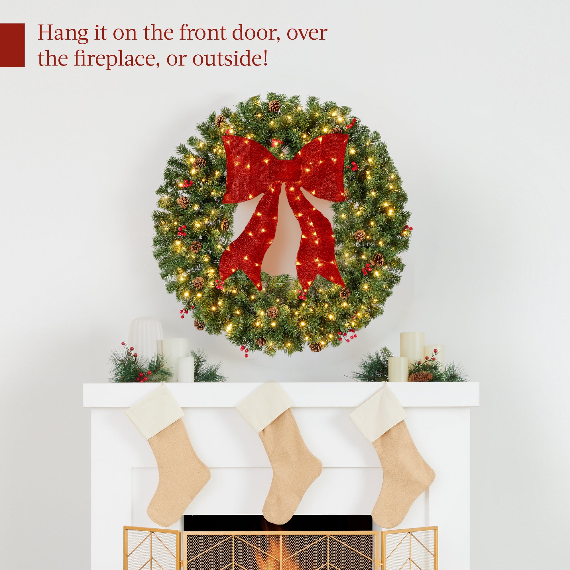 Pre-Lit Artificial Christmas Wreath w/Berries & Pinecones, Red Bow, Lights