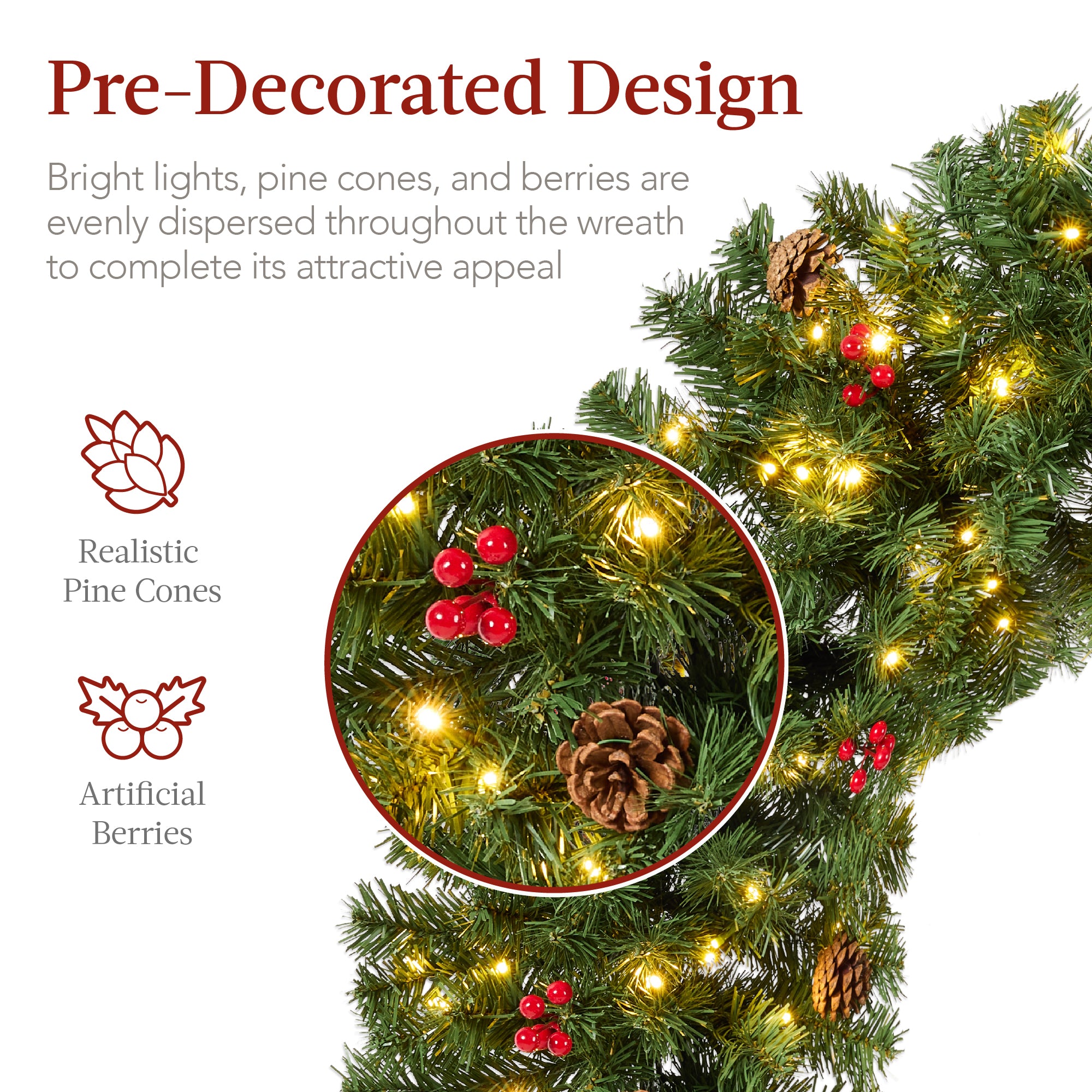 Pre-Lit Artificial Christmas Wreath w/Berries & Pinecones, Red Bow, Lights