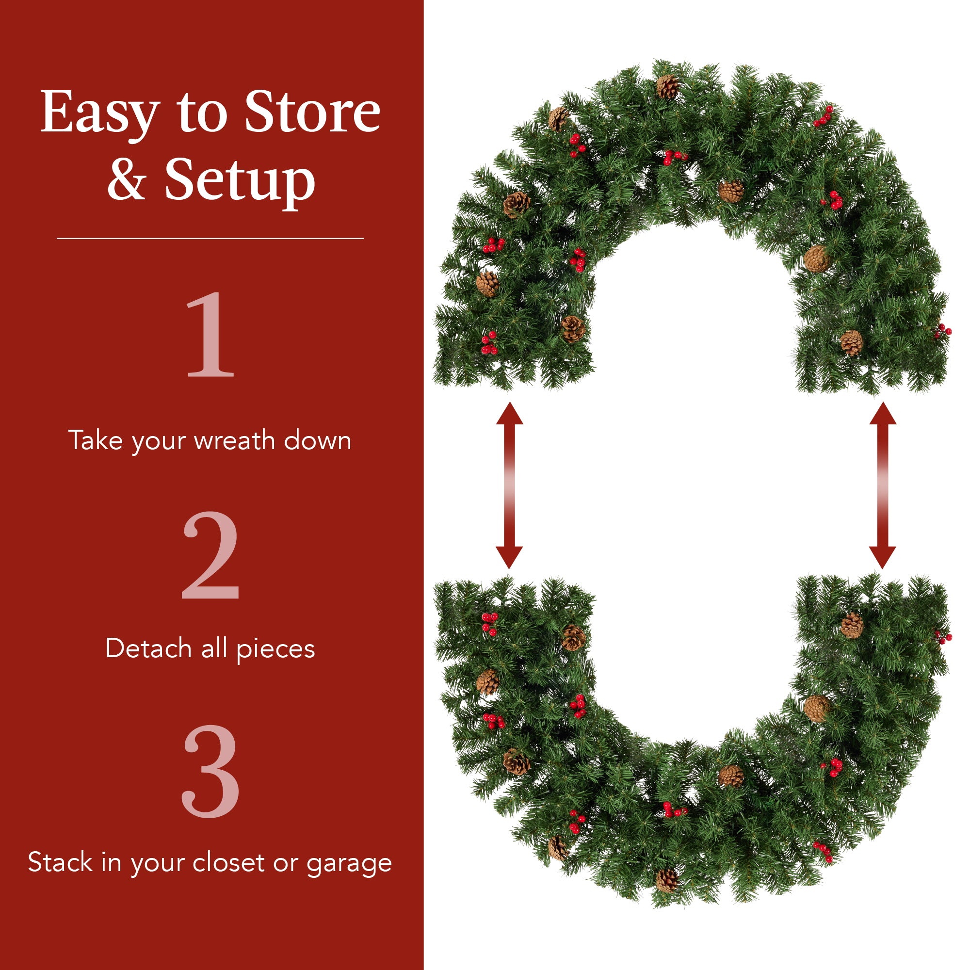 Pre-Lit Artificial Christmas Wreath w/Berries & Pinecones, Red Bow, Lights