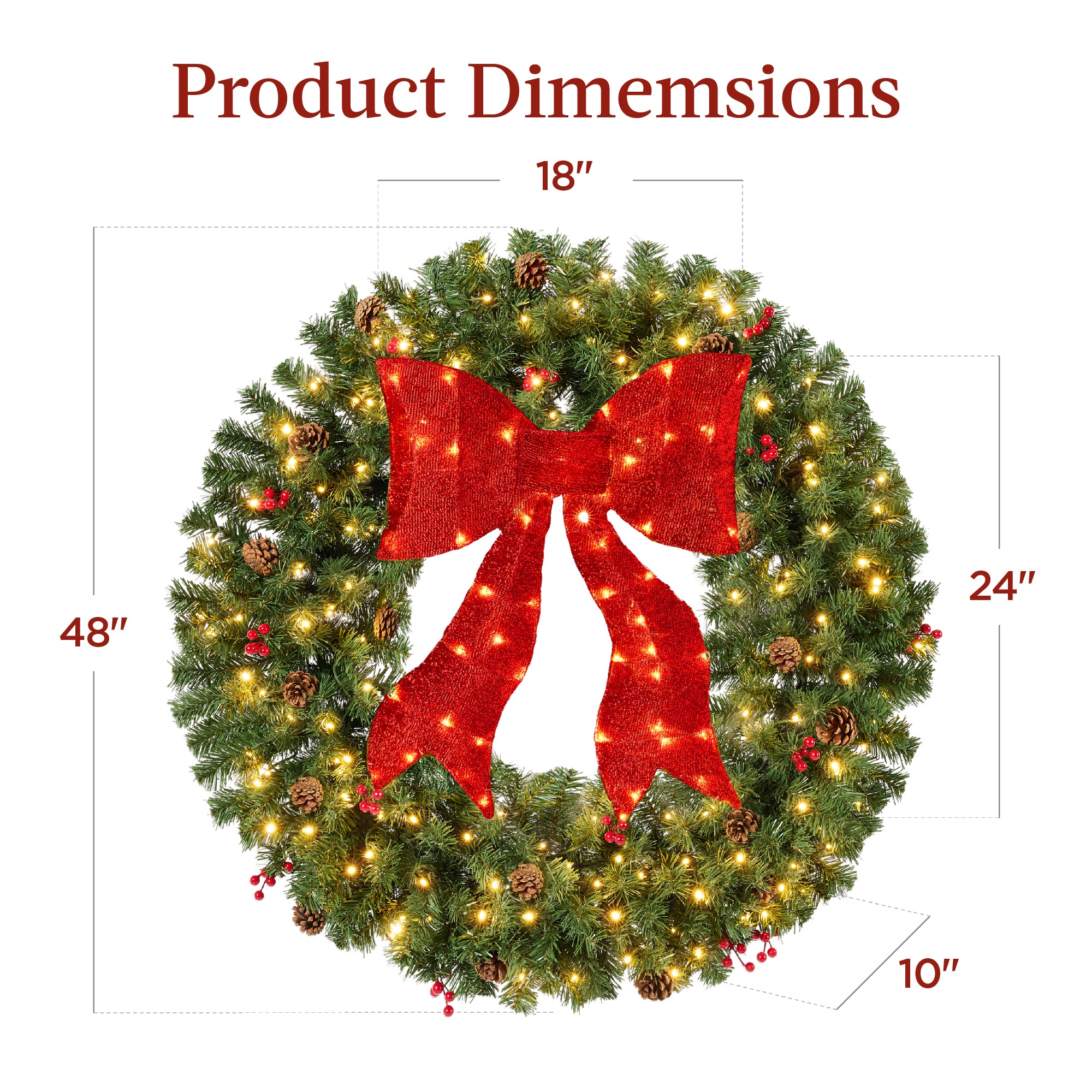 Pre-Lit Artificial Christmas Wreath w/Berries & Pinecones, Red Bow, Lights