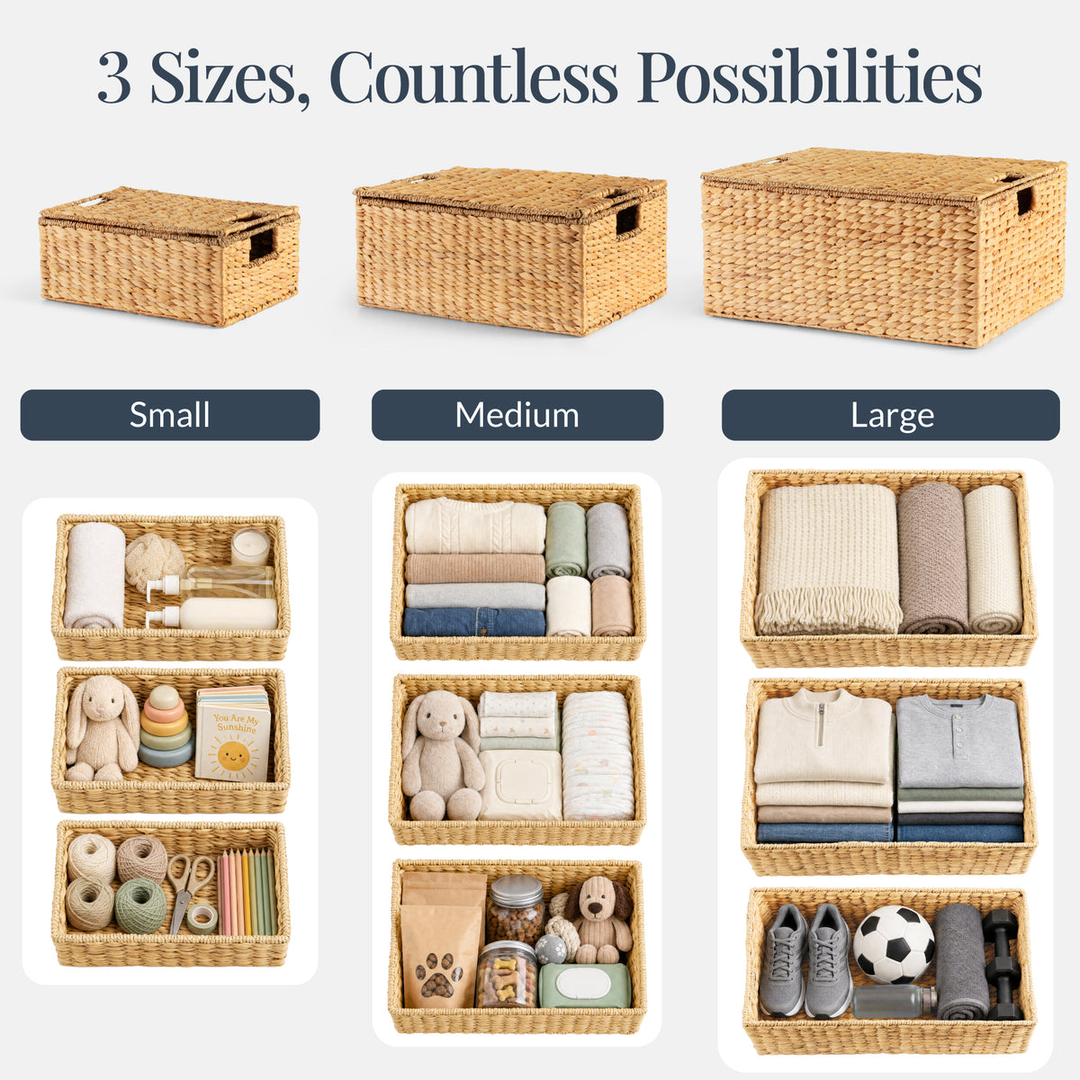 Set of 3 X-Large, Large, & Medium Woven Storage Baskets W/Lids & Handles