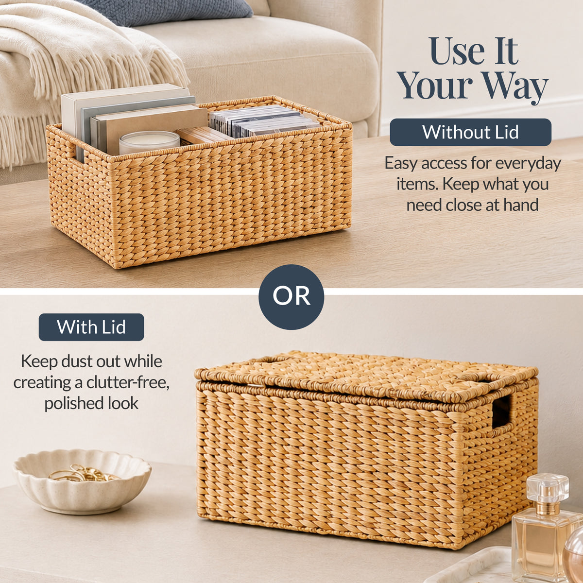 Set of 3 X-Large, Large, & Medium Woven Storage Baskets W/Lids & Handles