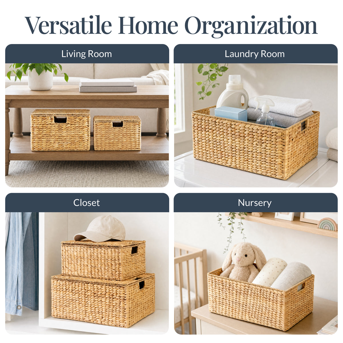 Set of 3 X-Large, Large, & Medium Woven Storage Baskets W/Lids & Handles