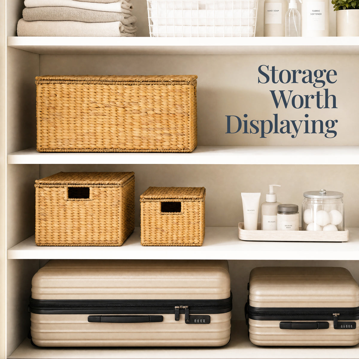 Set of 3 X-Large, Large, & Medium Woven Storage Baskets W/Lids & Handles