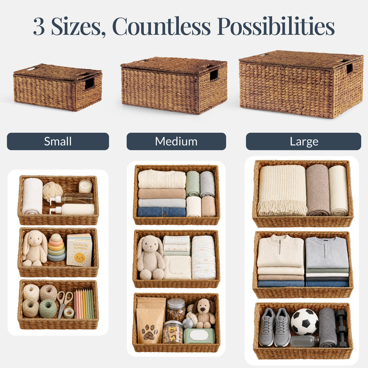 Set of 3 X-Large, Large, & Medium Woven Storage Baskets W/Lids & Handles