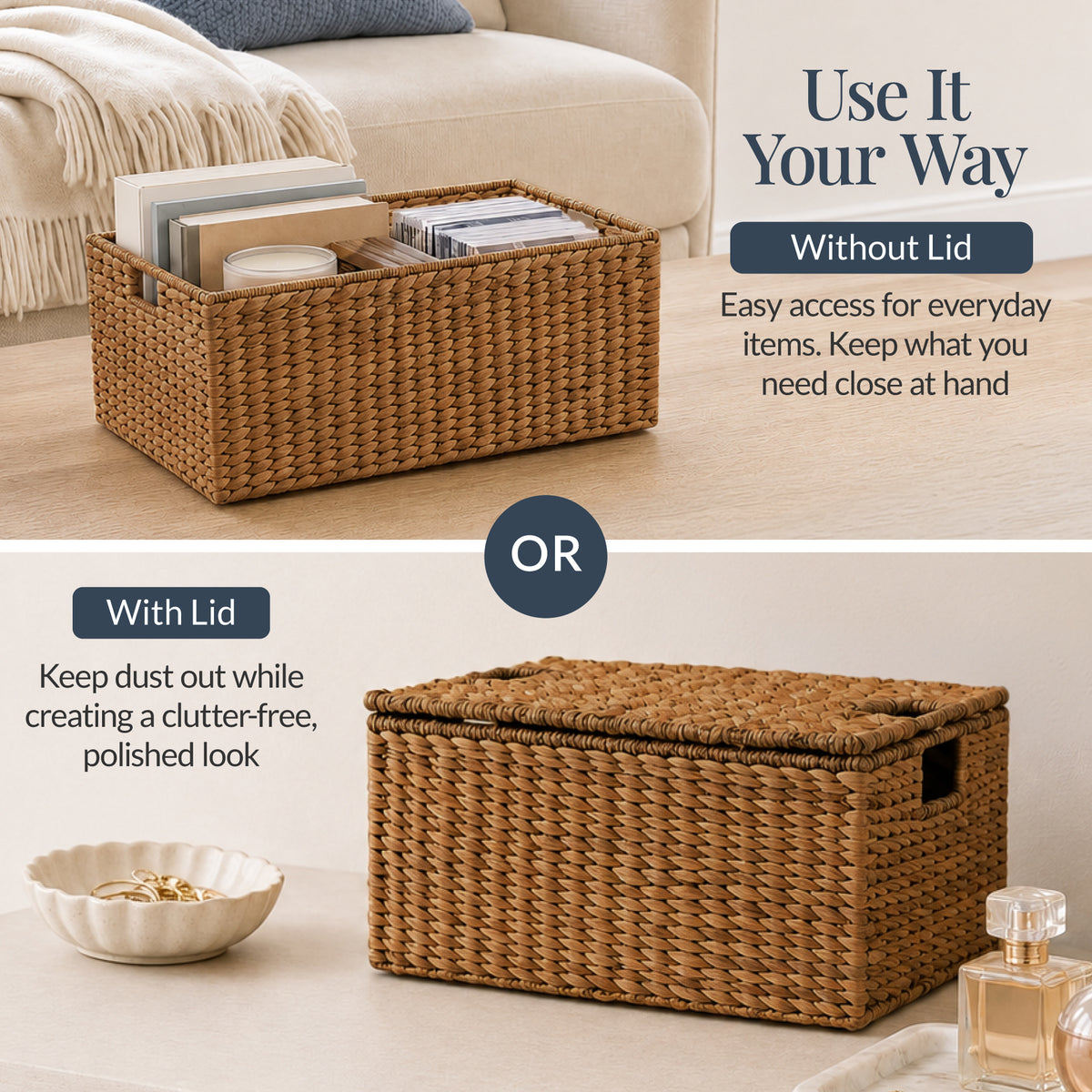 Set of 3 X-Large, Large, & Medium Woven Storage Baskets W/Lids & Handles