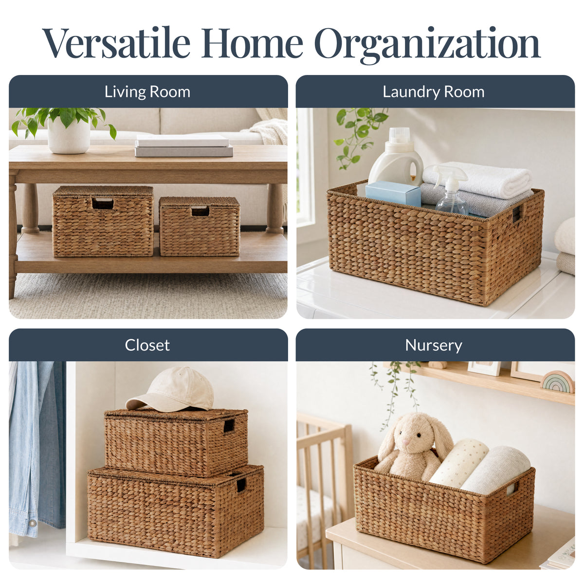 Set of 3 X-Large, Large, & Medium Woven Storage Baskets W/Lids & Handles