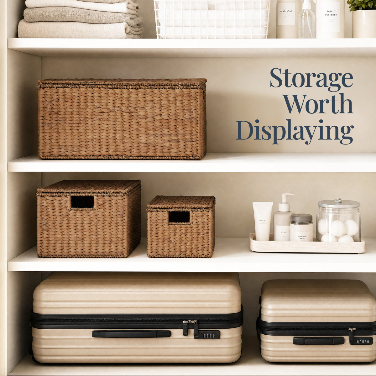 Set of 3 X-Large, Large, & Medium Woven Storage Baskets W/Lids & Handles